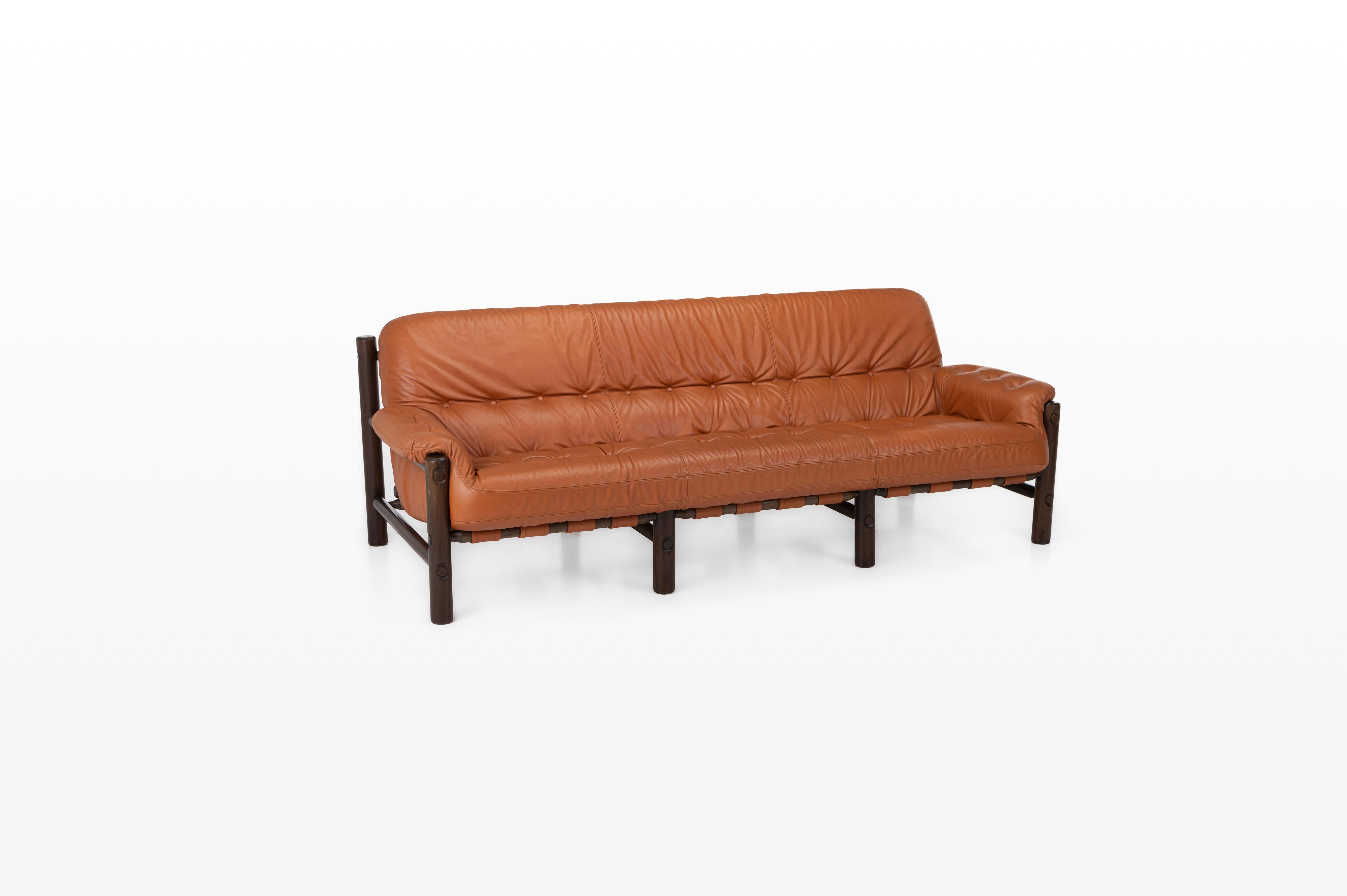 Brutalist Vintage Brazilian Three-Seater Sofa in Cognac Brown Leather by Jean Gillon