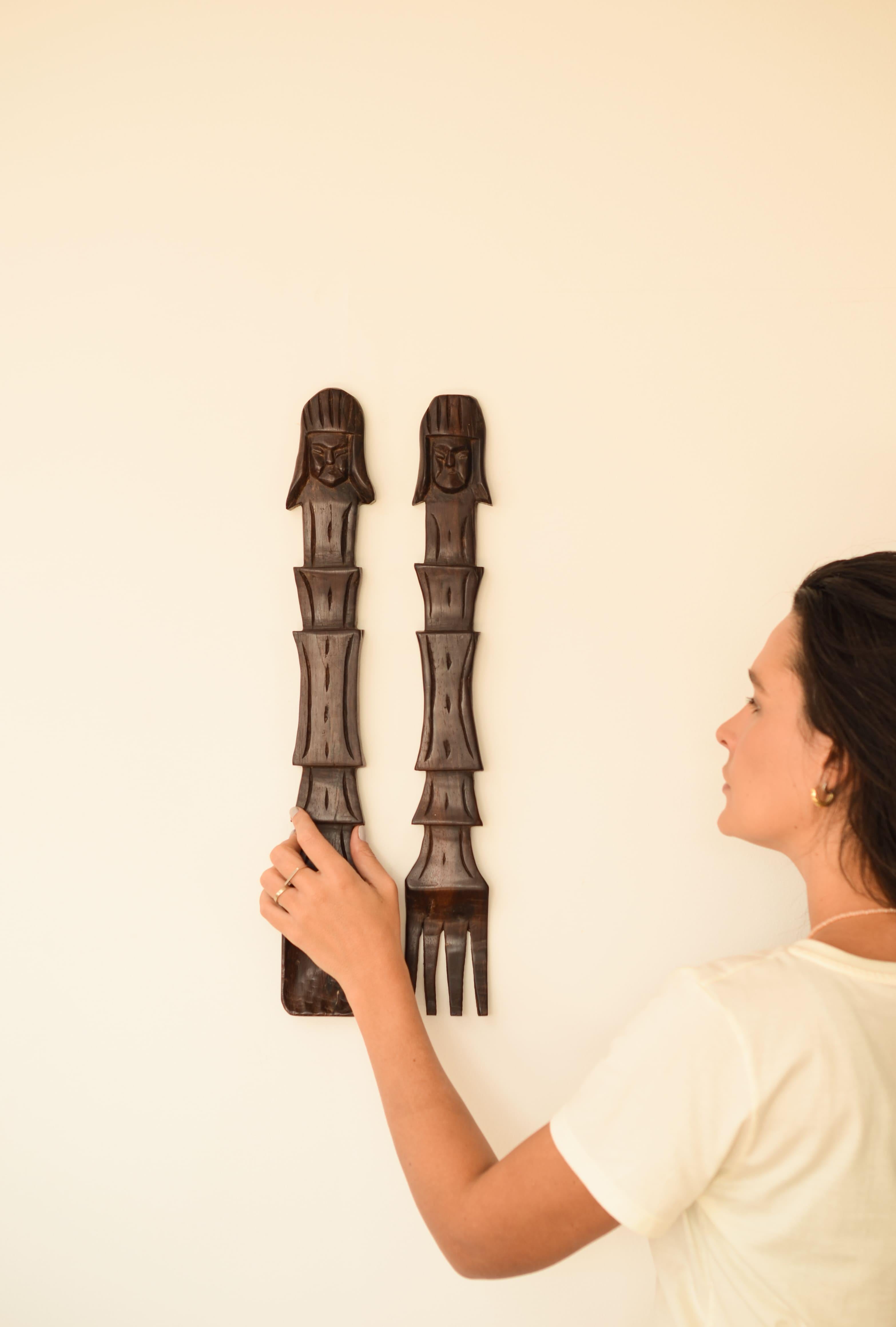 Hand-Carved Vintage Brazilian Wall-mounted Cutlery in Rosewood, c. 1960 For Sale