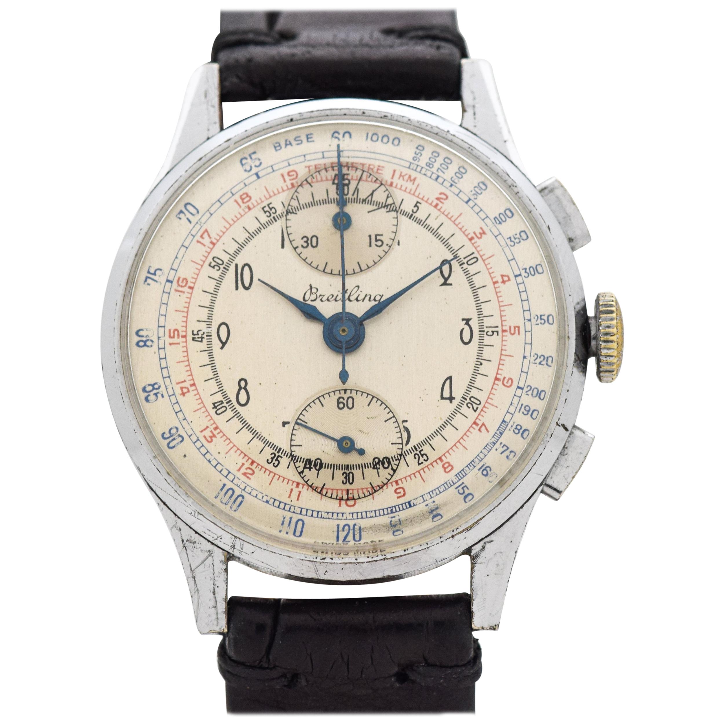 Vintage Breitling 2-Register Chronograph Ref. 178 Chrome and Steel Watch, 1946 For Sale