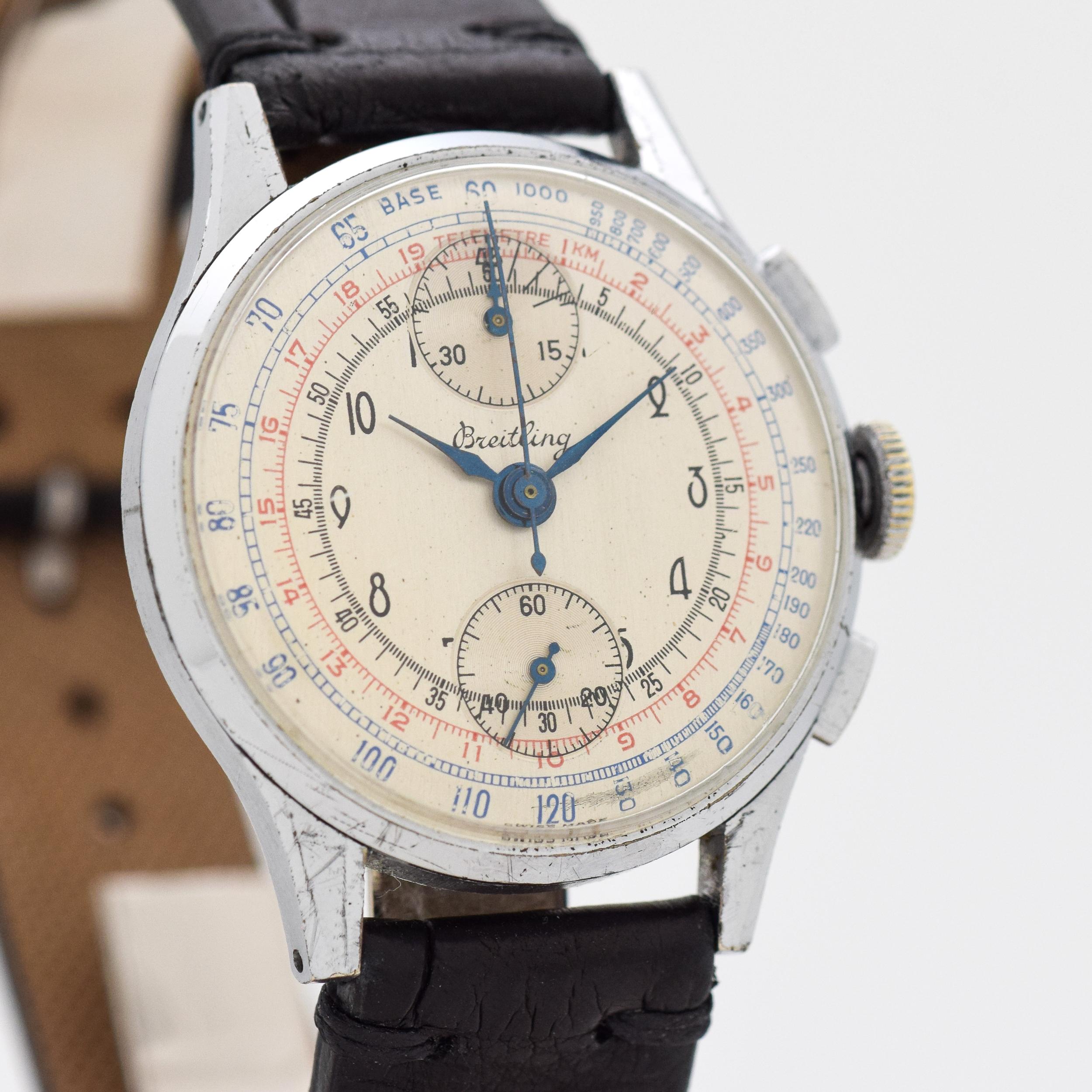 1946 Vintage Breitling 2 Register Chronograph Ref. 178 Chrome with Stainless Steel Case Back watch with Original Silver Dial with Black Arabic Numbers with Blue Outer Track and Red Inner Track. 36mm x 41mm lug to lug (1.42 in. x 1.61 in.) - 17