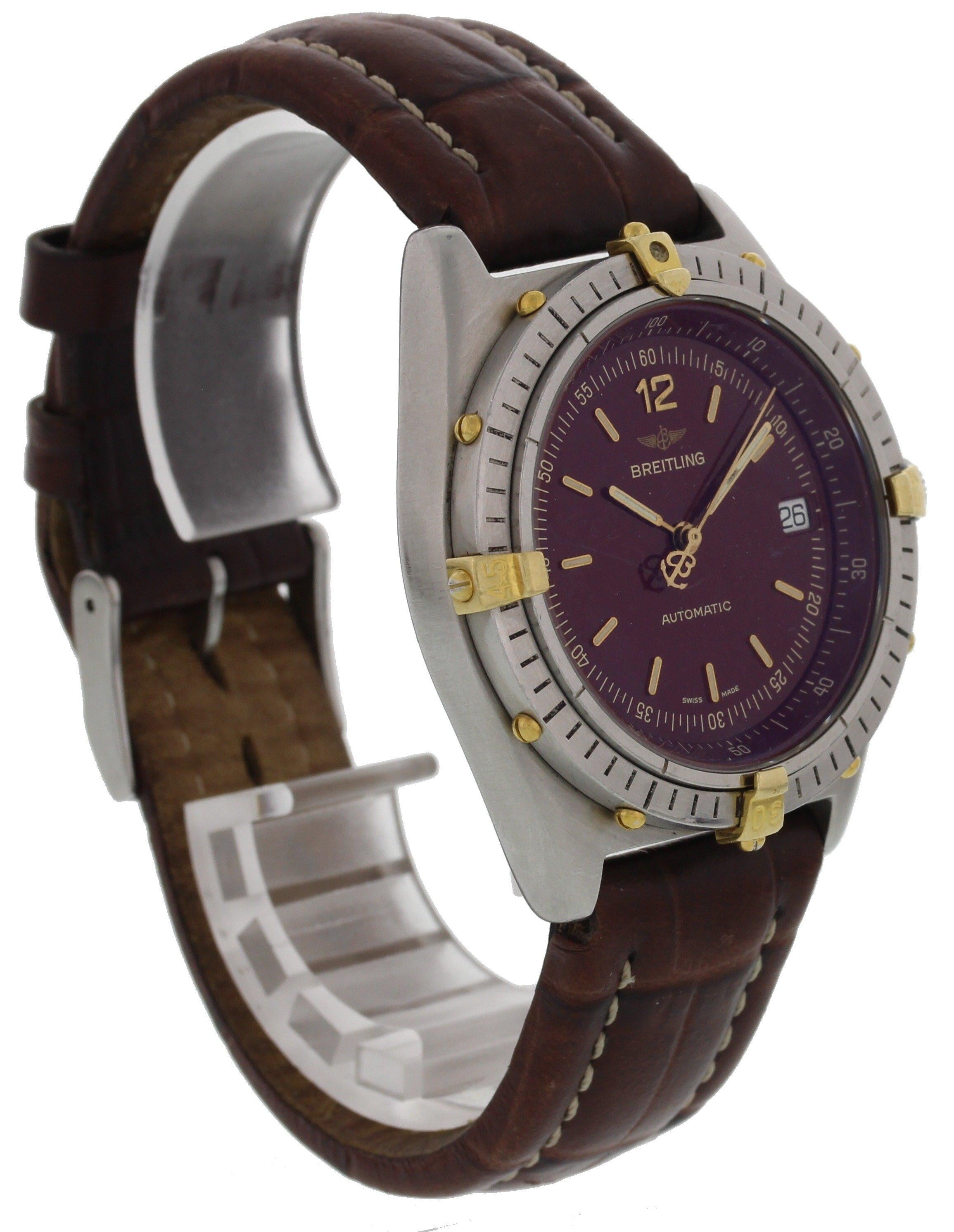 Breitling Antares vintage watch. Stainless steel 39mm case. Stainless steel bezel with gold markers. Burgundy dial with date aperture.  Brown band with stainless steel buckle. Sapphire crystal glass. Automatic movement.  Ref. 81970

This watch is