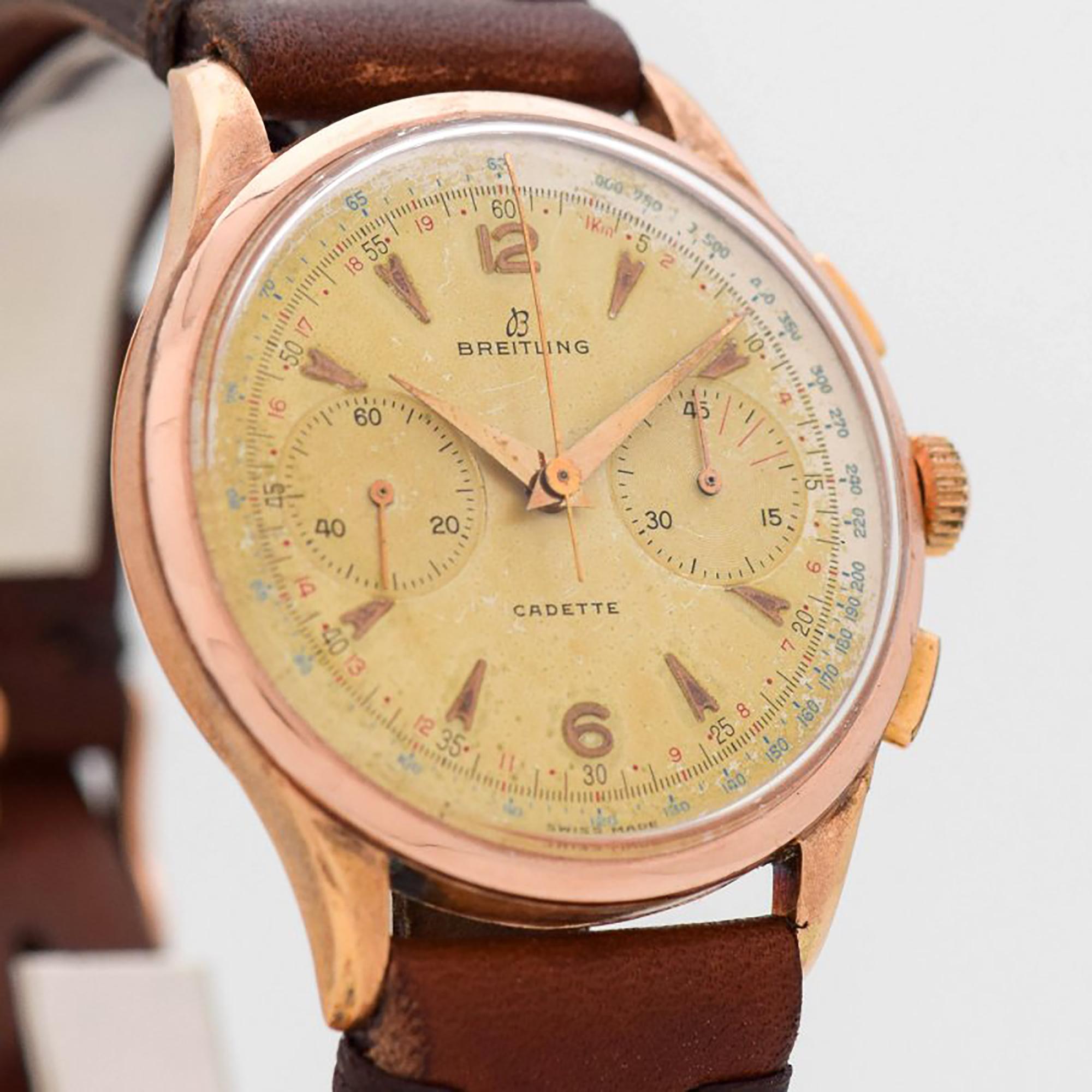 1955 Vintage Breitling Cadette Ref. 1185 Large 2 Register Chronograph 18k Rose Gold watch with Original Gold/Champagne Dial with Applied Rose Gold color Arabic 6 and 12 with Elongated Arrow Markers. 37mm x 42mm lug to lug (1.46 in. x 1.65 in.) -