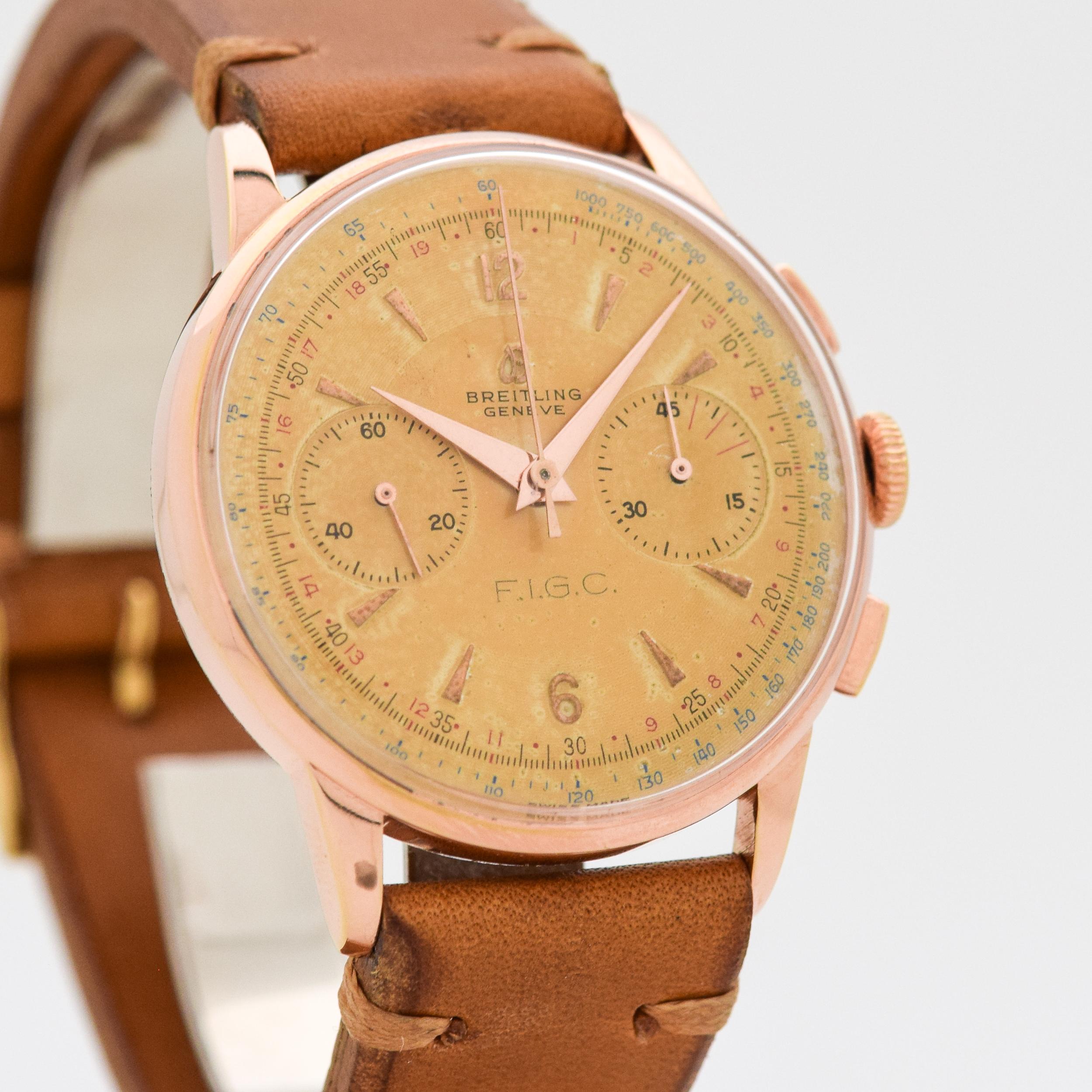 1956 Vintage Breitling 2 Register Chronograph RARE Ref. 1194 Rose Gold Plated Case with Stainless Steel Case Back watch with 'F.I.G.A.' (Italian Soccer/Football (Federazione Italiana Giuoco Calcio) with Original Champagne Color Dial with Applied