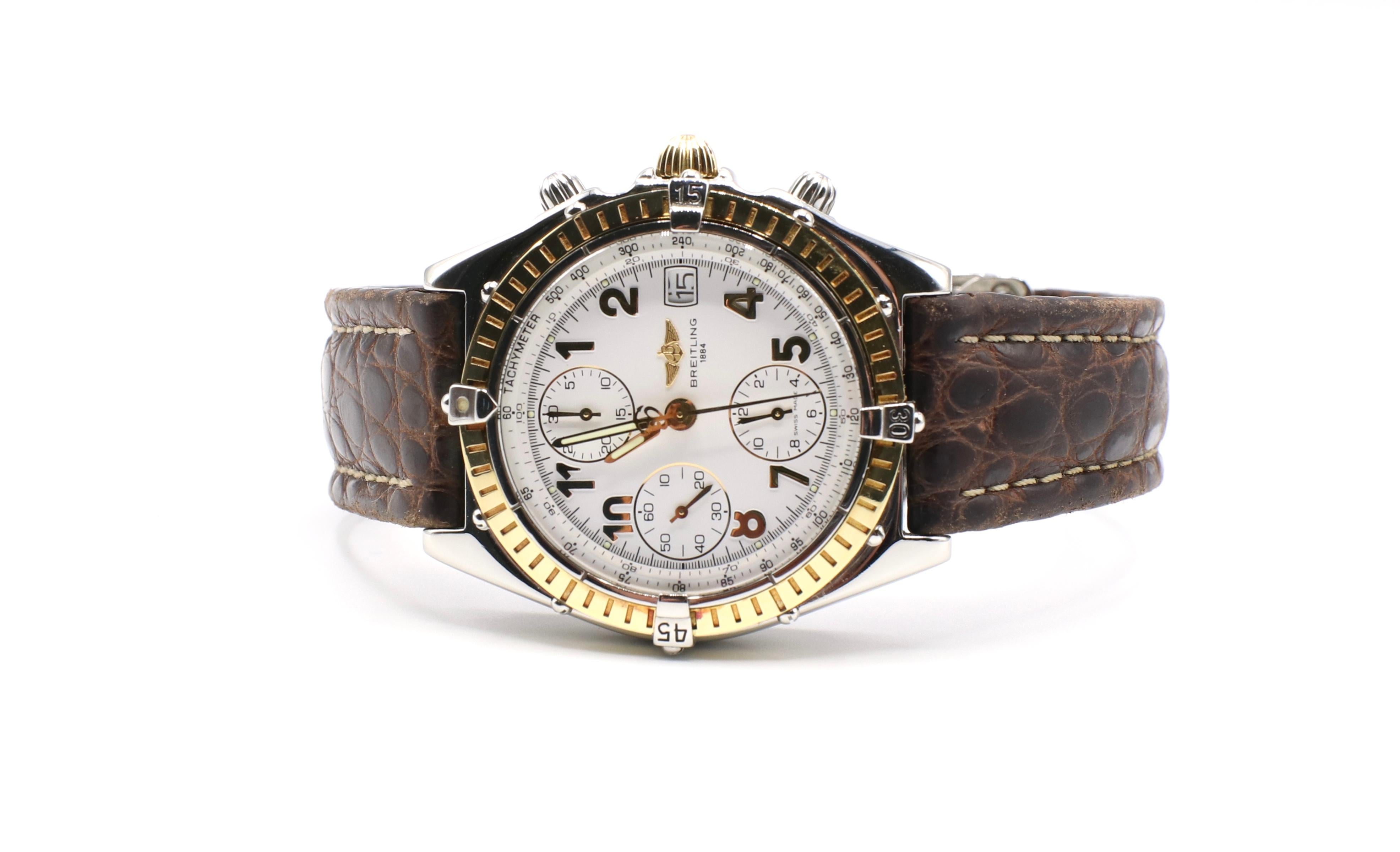 Vintage Breitling Chronomat B13050.1 Automatic Stainless Steel & 18K Gold Watch Leather Strap

Model: 13050.1
Serial: 148***
Movement: Automatic 
Metal: 18k yellow gold & stainless steel
Case: 39mm
Strap: Brown alligator leather strap, worn as shown