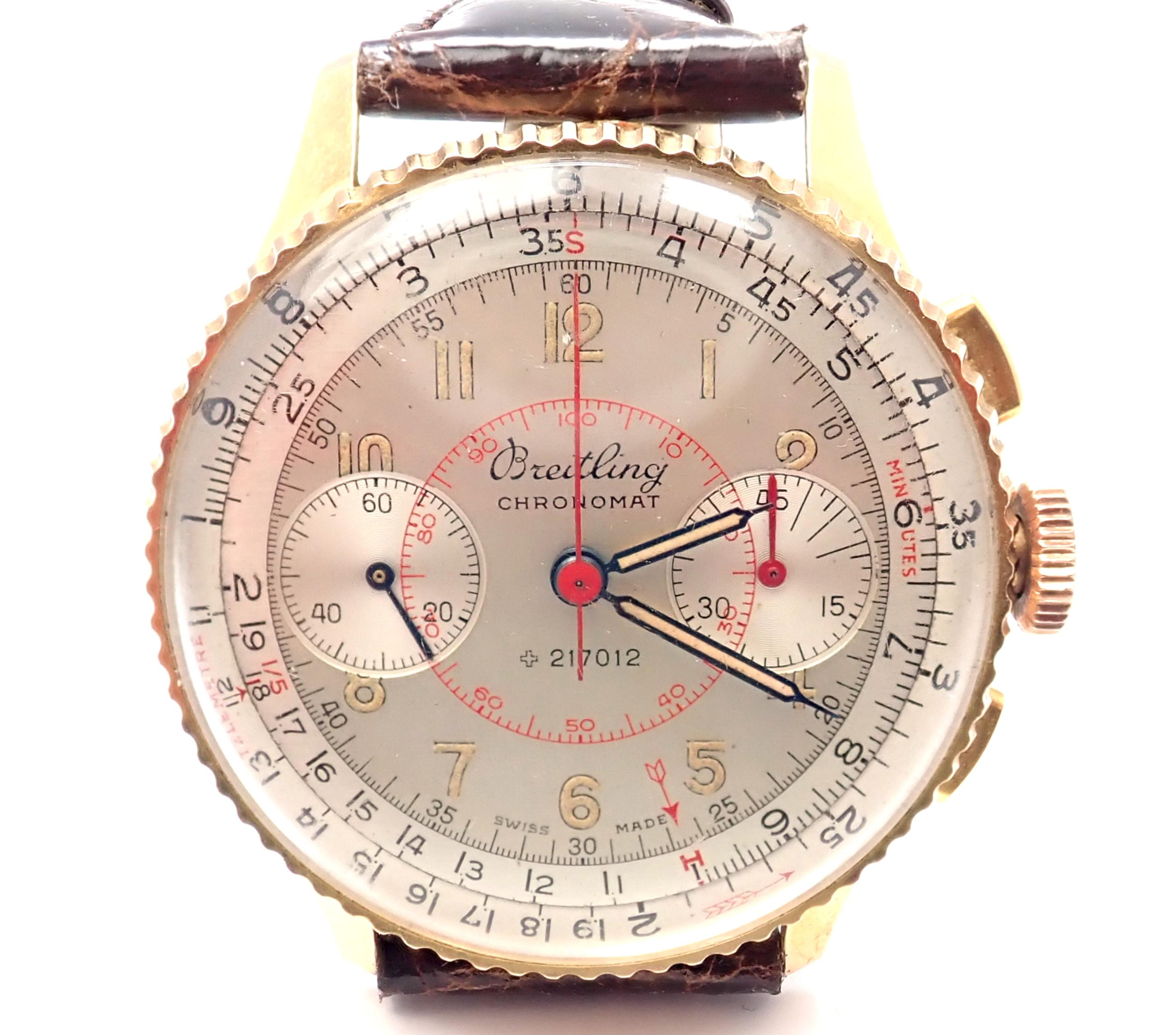 18k yellow gold Chronomat chronograph vintage wristwatch by Breitling.
Details: 
Case Size: Height w/Lugs: 43mm
Width w/o Crown: 36.5mm 
Thickness w/ Crystal: 12mm
Bracelet/Strap: New Aftermarket Genuine Crocodile
Movement: Manual Wind. Movement is