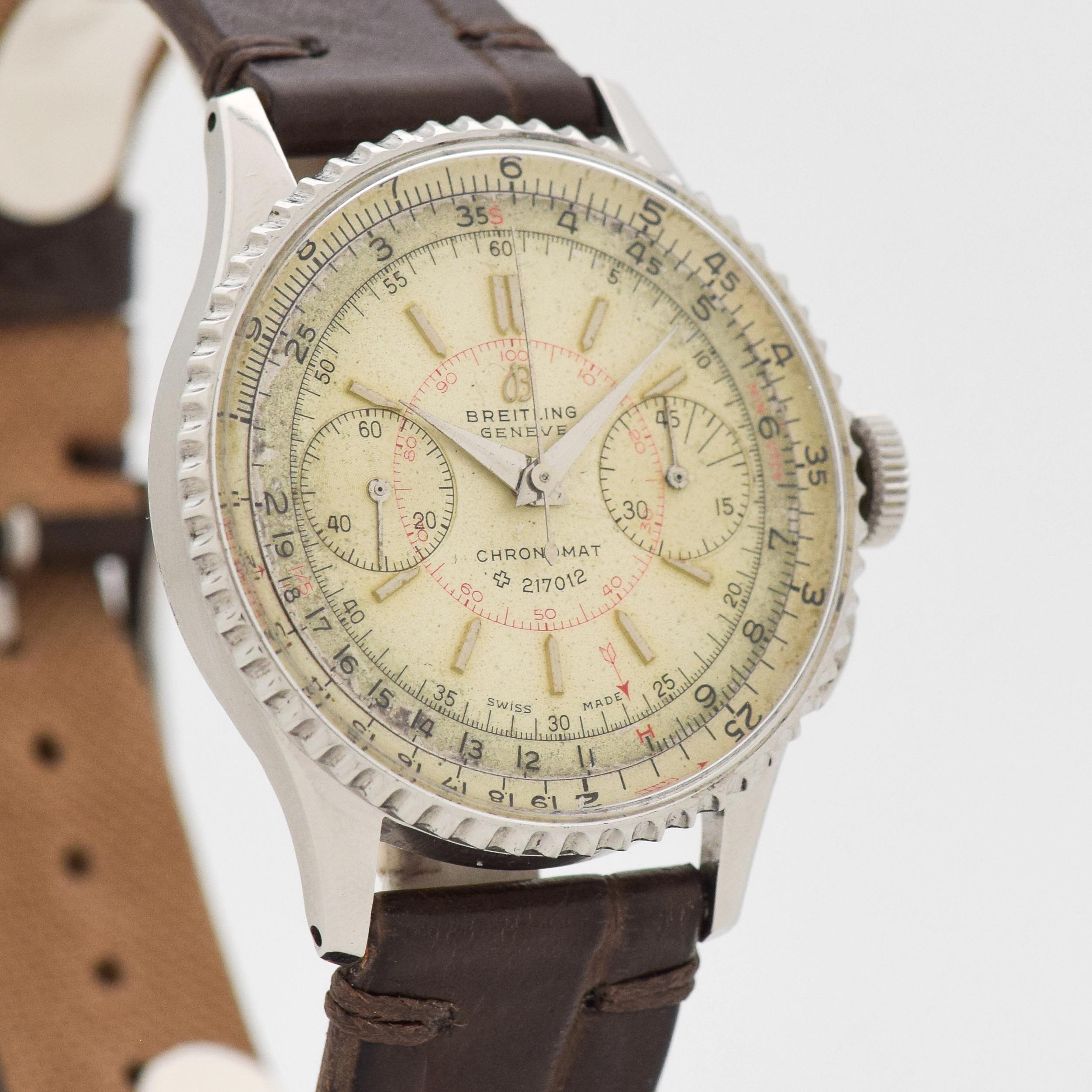1947 Vintage Breitling Chronomat Ref. 769 / 217012 1st Generation Stainless Steel watch with Original Silver Dial with Applied Steel Beveled Pointed Tip Stick/Bar/Baton Markers. Case Size, 34mm x 40mm lug to lug (1.34 in. x 1.57 in.) - Powered by a