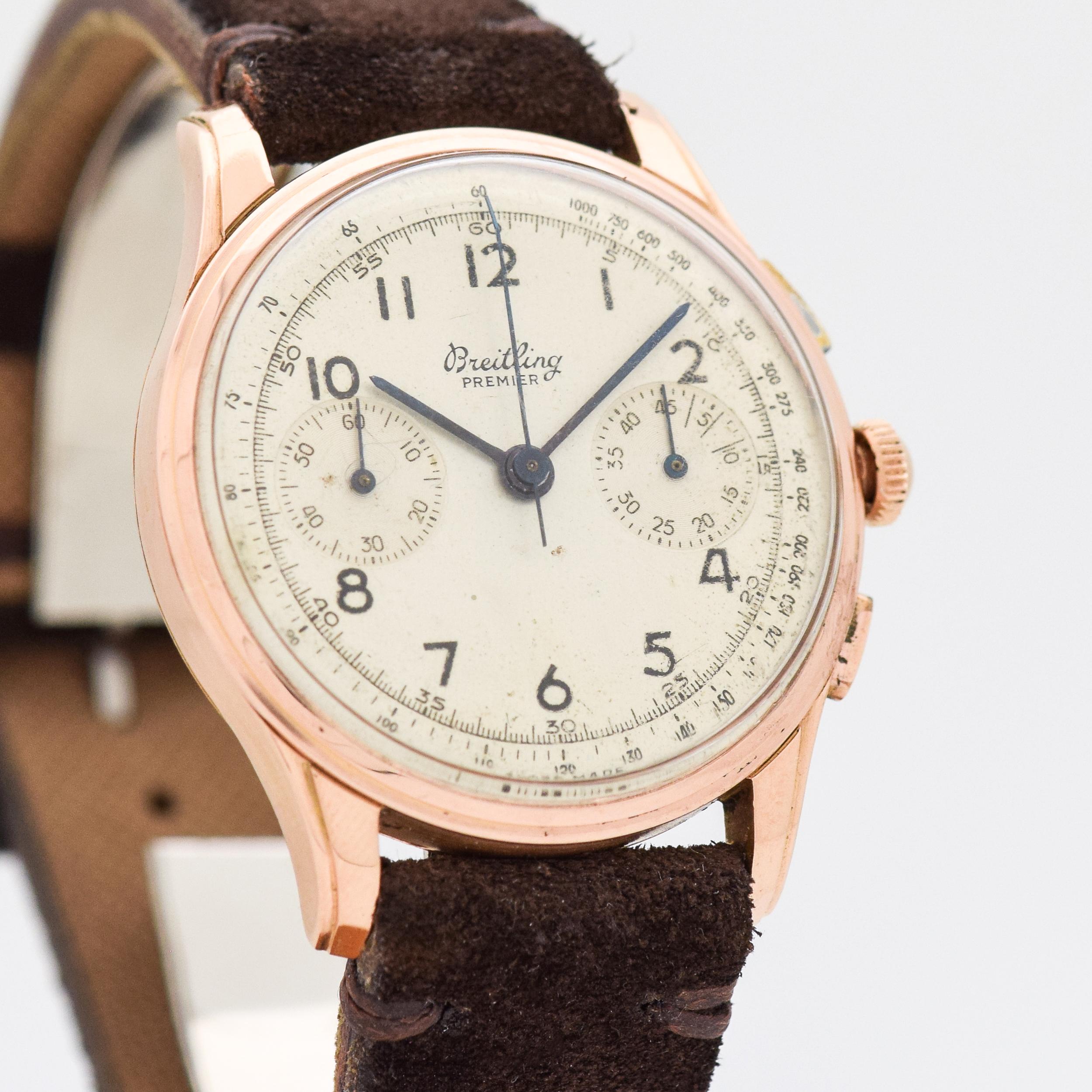 1946 Vintage Breitling Premier Ref. 782 18k Rose Gold watch with Original Silver Dial with Black Arabic Numbers. 36mm x 42mm lug to lug (1.42 in. x 1.65 in.) - 17 jewel, manual caliber Venus 175 movement. Sueded Genuine Leather Brown-colored Watch