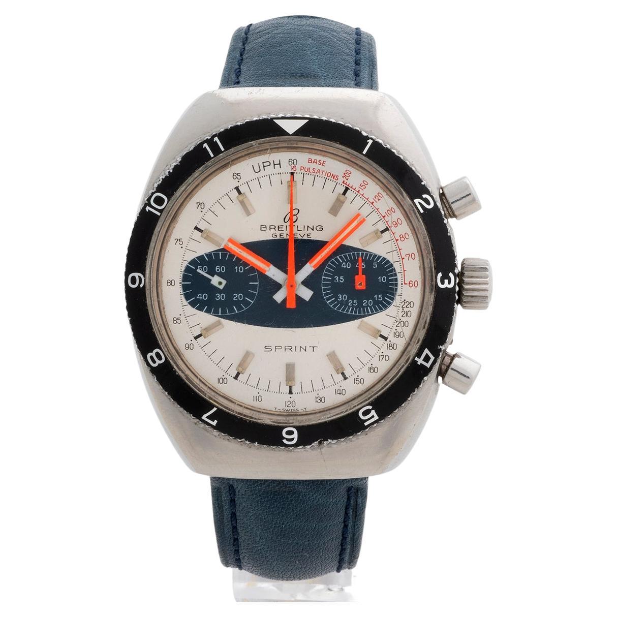 Our vintage and desirable Breitling Sprint chronograph, reference 2212 features a white / blue 