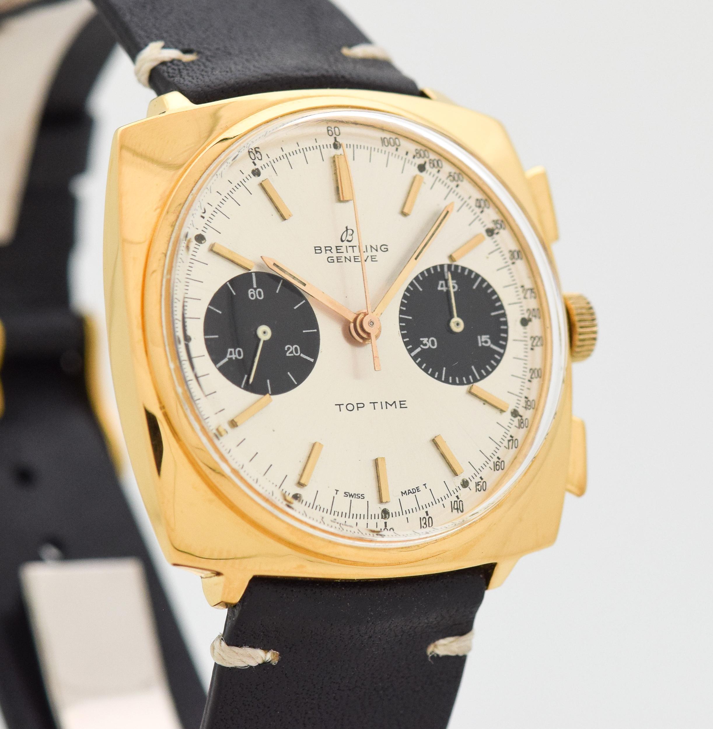 1966 Vintage Breitling Top Time Ref. 2008 Yellow Gold Plated with Stainless Steel Case Back with Original Panda Two Tone Silver and Black Dial with Applied Gold Color Beveled Stick/Bar/Baton Markers. 36mm x 38mm lug to lug (1.42 in. x 1.5 in.) - 17