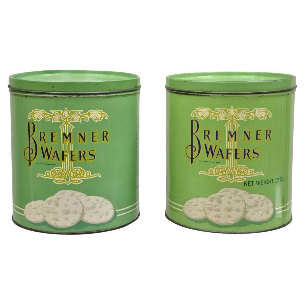 Vintage Bremner Wafers Tin Mint Green Round Lidded Metal Biscuit Metal Box Pair