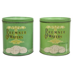 Antique Bremner Wafers Tin Mint Green Round Lidded Metal Biscuit Metal Box Pair