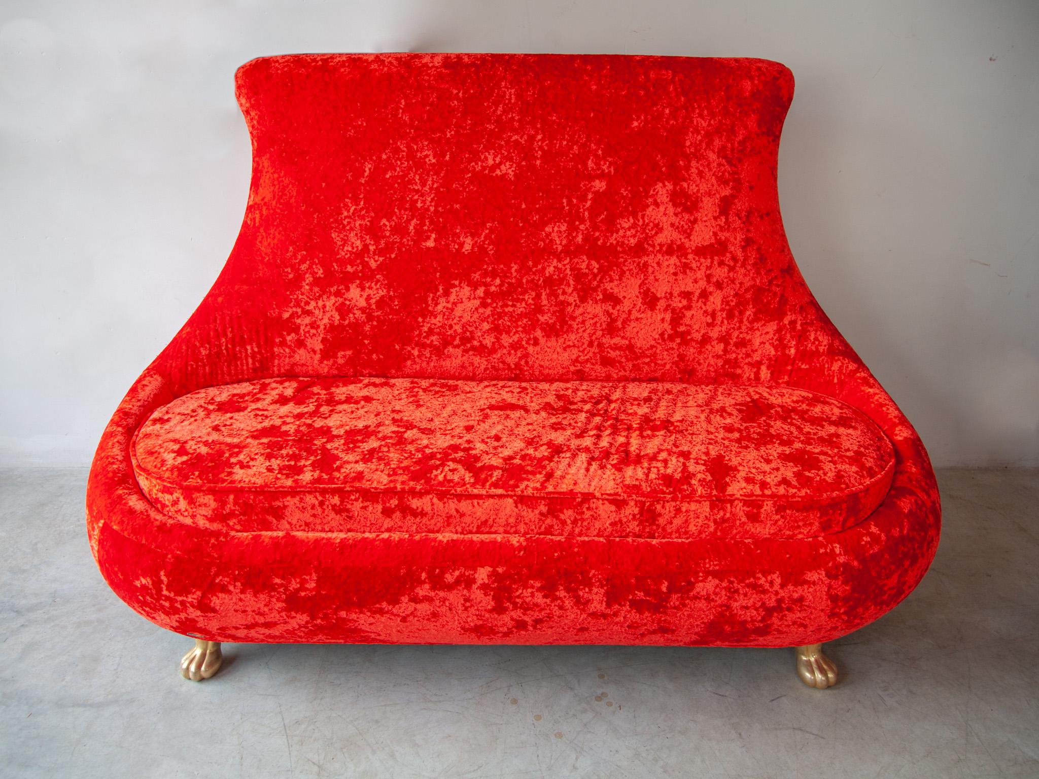 Vintage sofa, loveseat iconic design handcrafted by German company Bretz, in very good condition. The color is red in velvet upholstery and it belongs to the icon Gaudì series. Also a set of two lounge chairs available together with the sofa a
