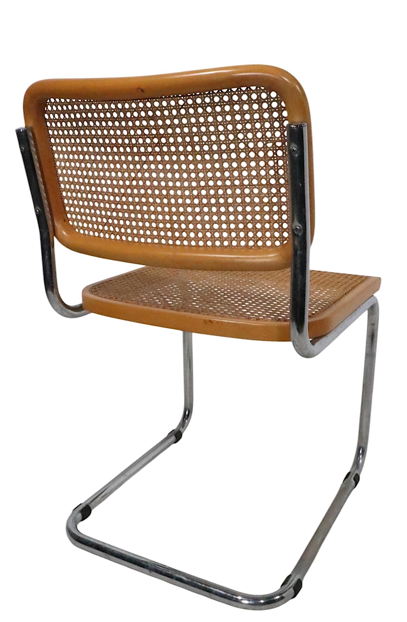 Iconic Cesca chairs by design luminary Marcel Breuer, originally produced in the 1920’s, these examples were made in Italy mid 20th C.
We have three matching chairs, and have priced andare offering them individually.
All three are in very good,