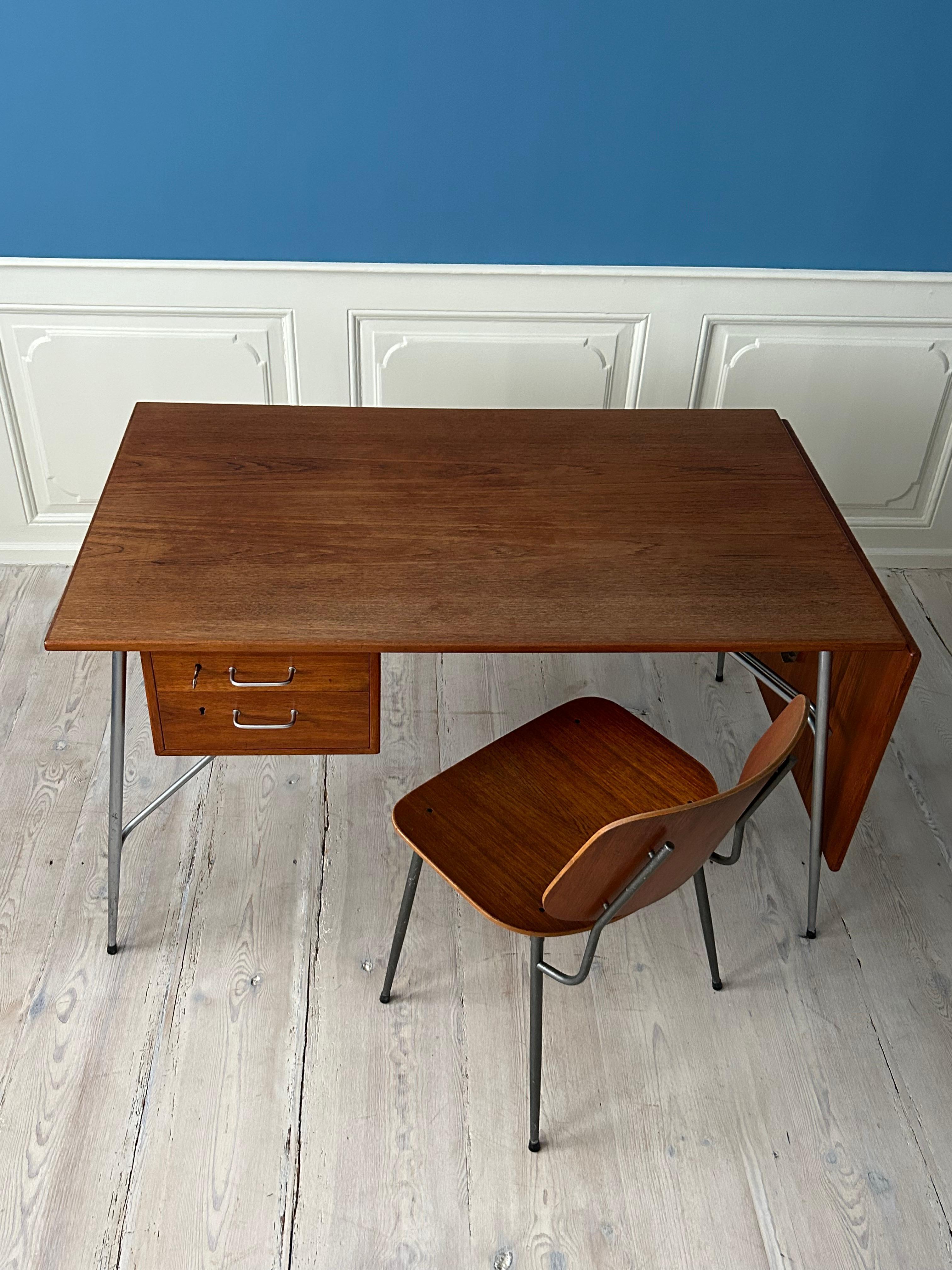 Scandinavian Modern Vintage Børge Mogensen Desk and Chair in Teak and Steel, Denmark, 20th Century For Sale