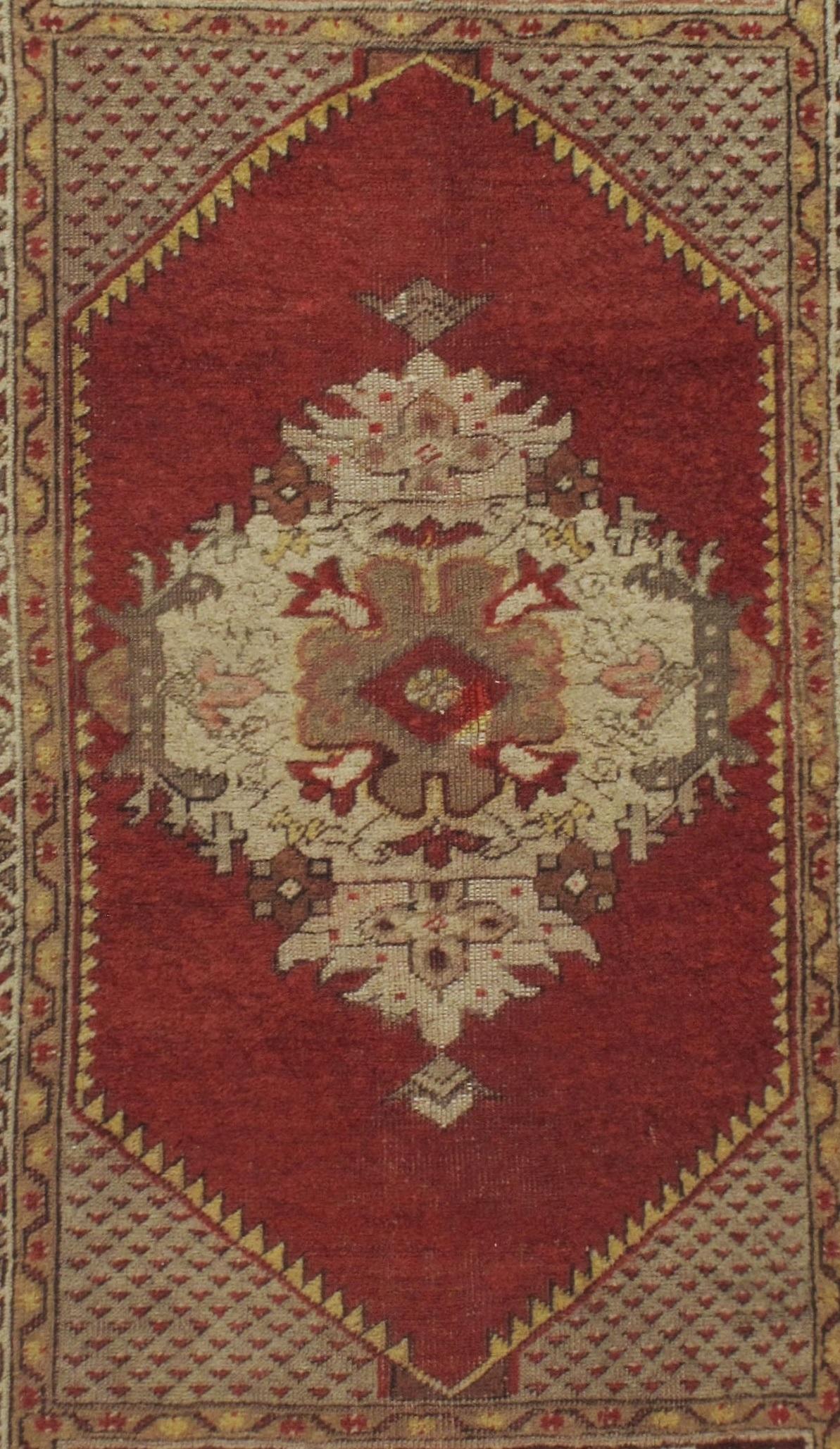 Vintage brick red turkish oushak area rug, 3' X 5'8. Character, tradition, pattern and palette converge in this gorgeous handwoven vintage Turkish Oushak rug with soft colors. Colors: brick/taupe/ivory/grey.