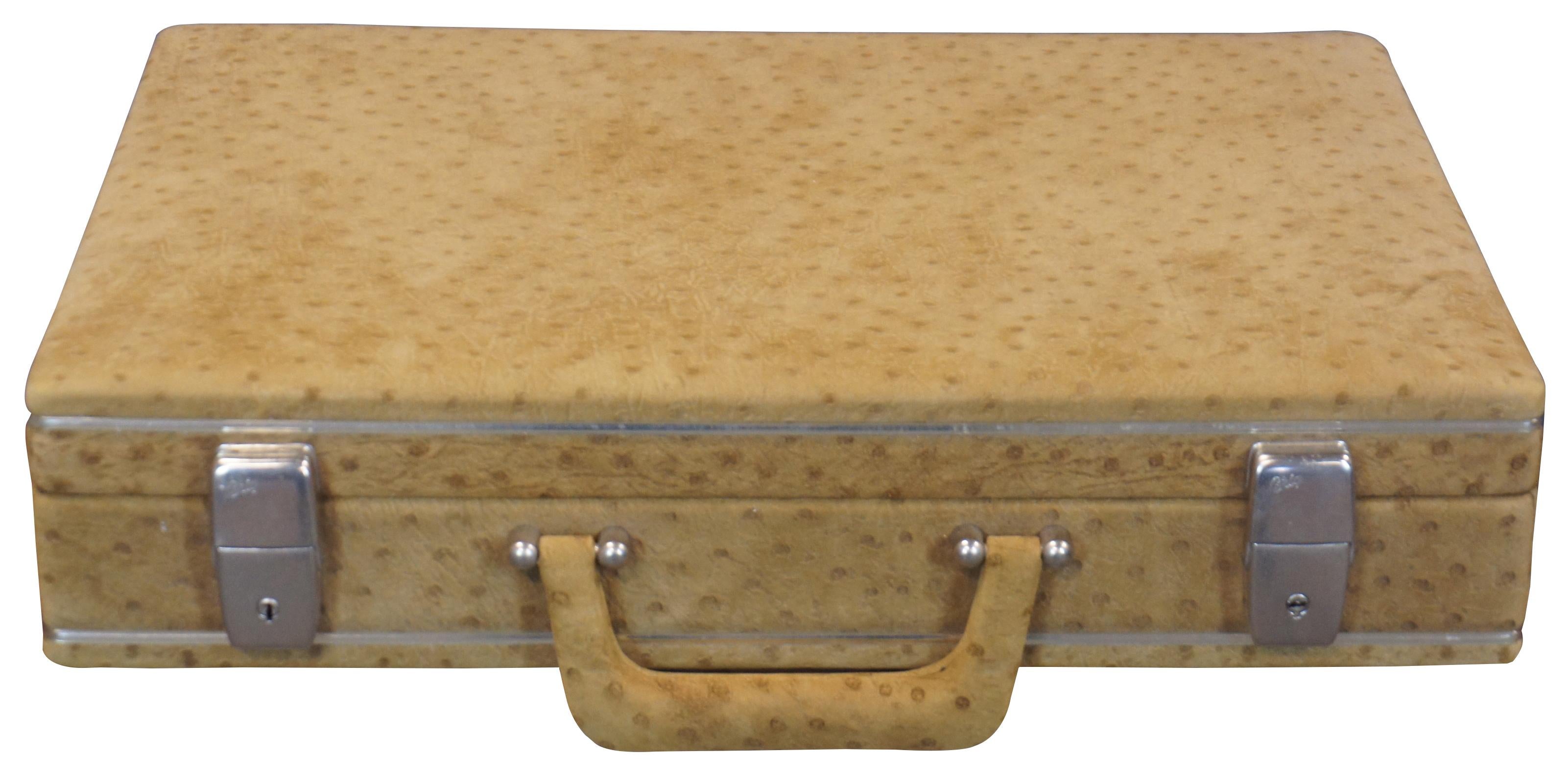Rare vintage never used Brig Ubrique beige ostrich skin suede leather briefcase; keys included. Made in Spain.
    