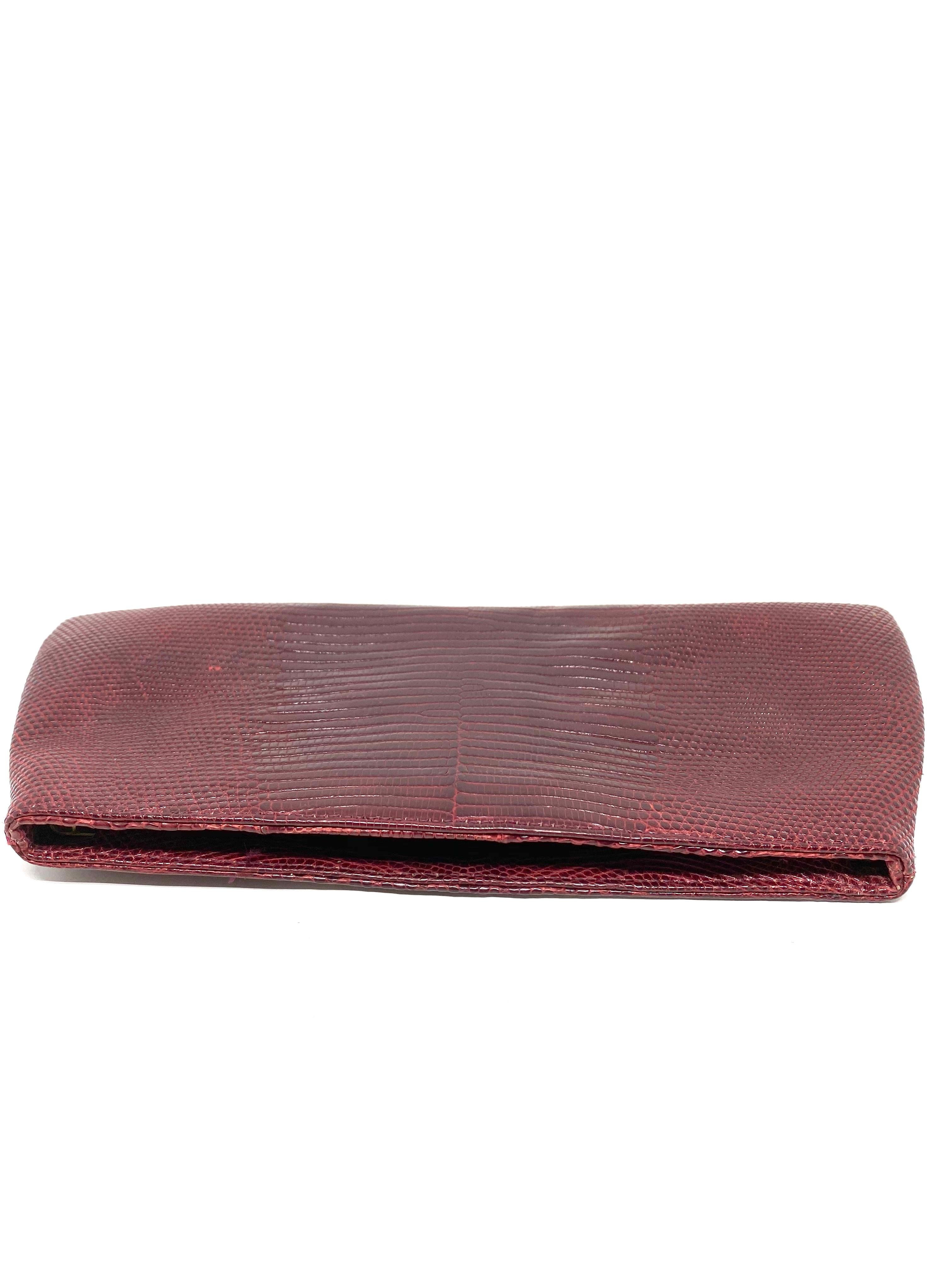 Brown Vintage Brigette Romanek Red Lizard Leather Clutch Evening Purse For Sale