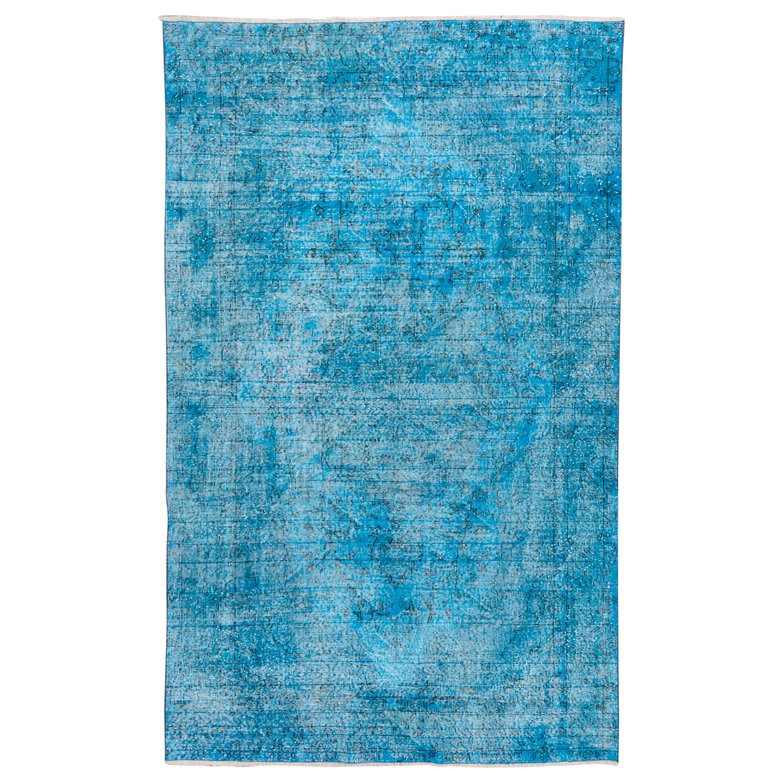 Vintage Bright Blue Overdyed Wool Rug For Sale