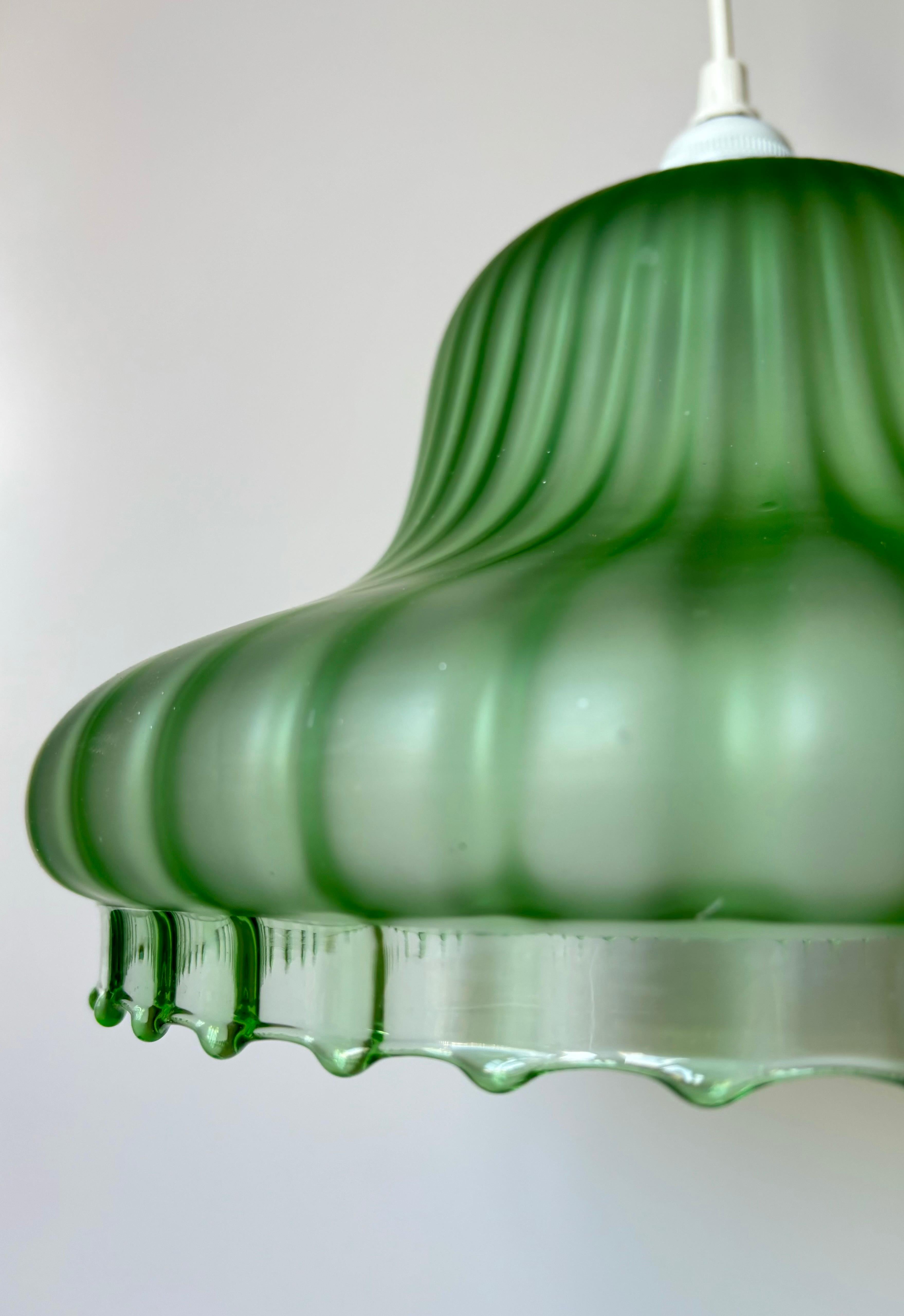 Hand-Crafted Vintage Bright Green Blown Art Glass Ceiling Light For Sale