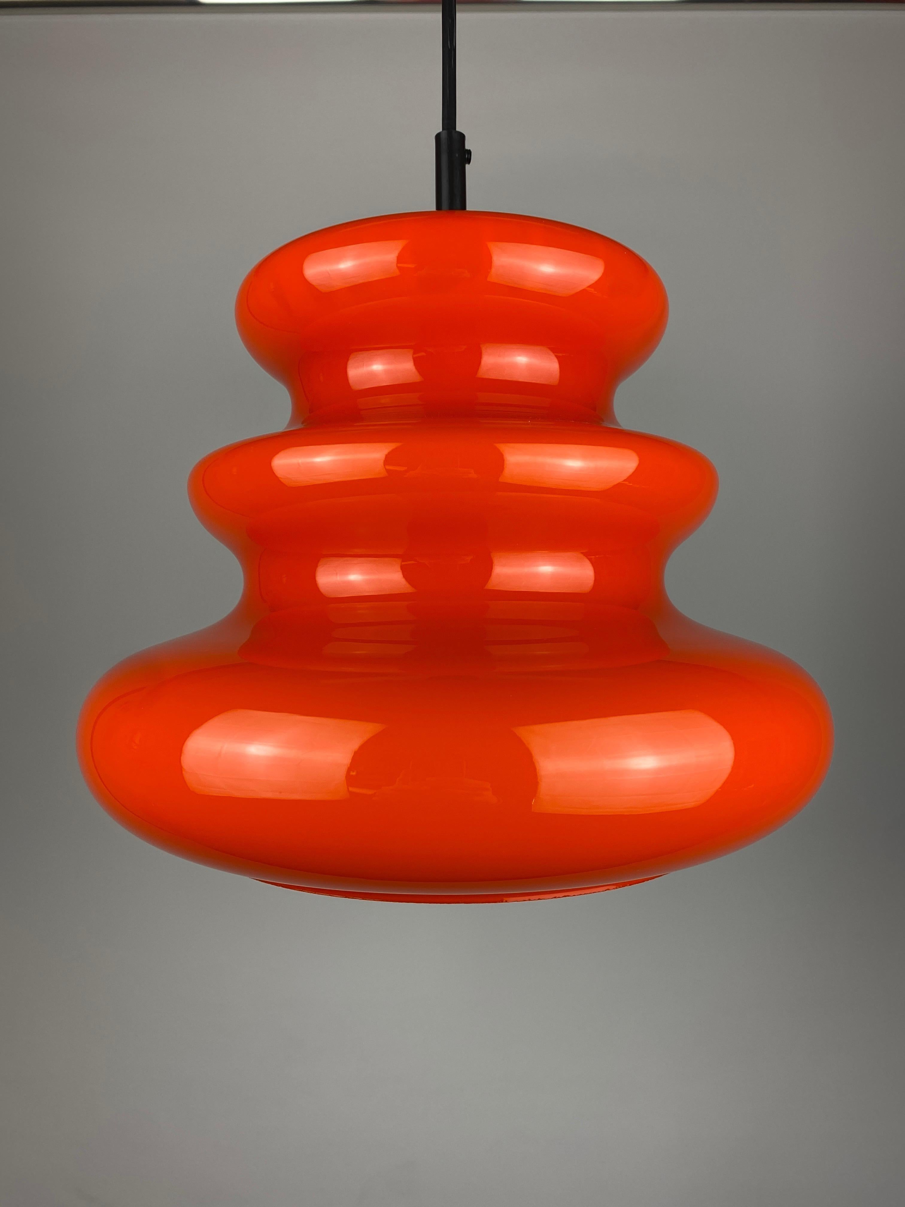 One of five Vintage Bright Orange Glass Pendant Light by Peill and Putzler 1960 In Excellent Condition For Sale In TERHEIJDEN, NB