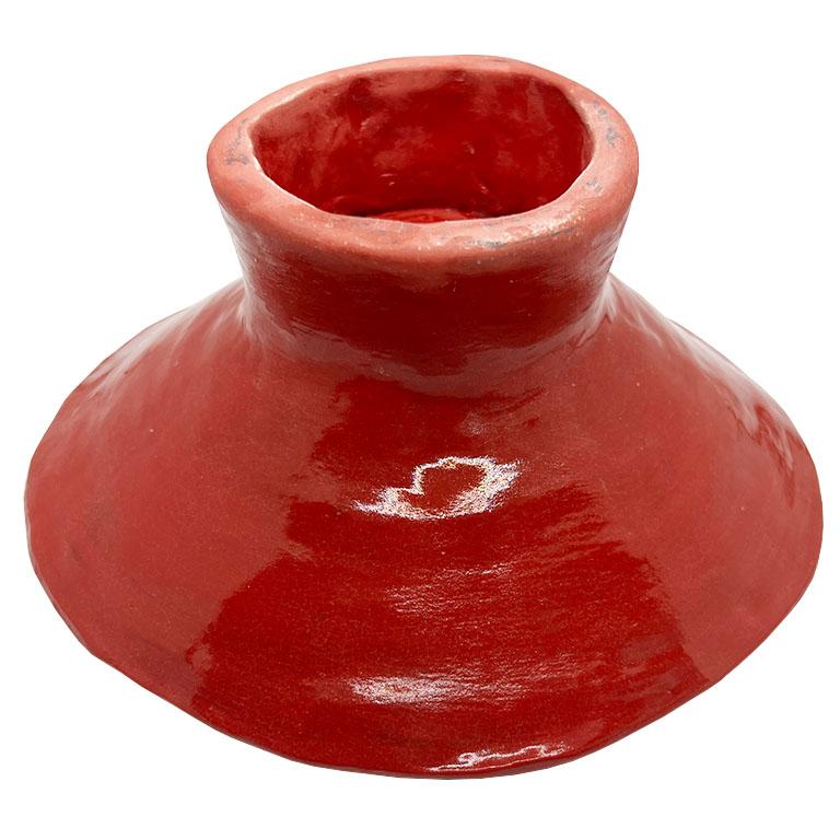 Mid-Century Modern Vintage Bright Red Ceramic Sculptural Studio Pottery Pedestal Bowl For Sale