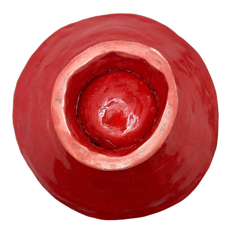 American Vintage Bright Red Ceramic Sculptural Studio Pottery Pedestal Bowl For Sale