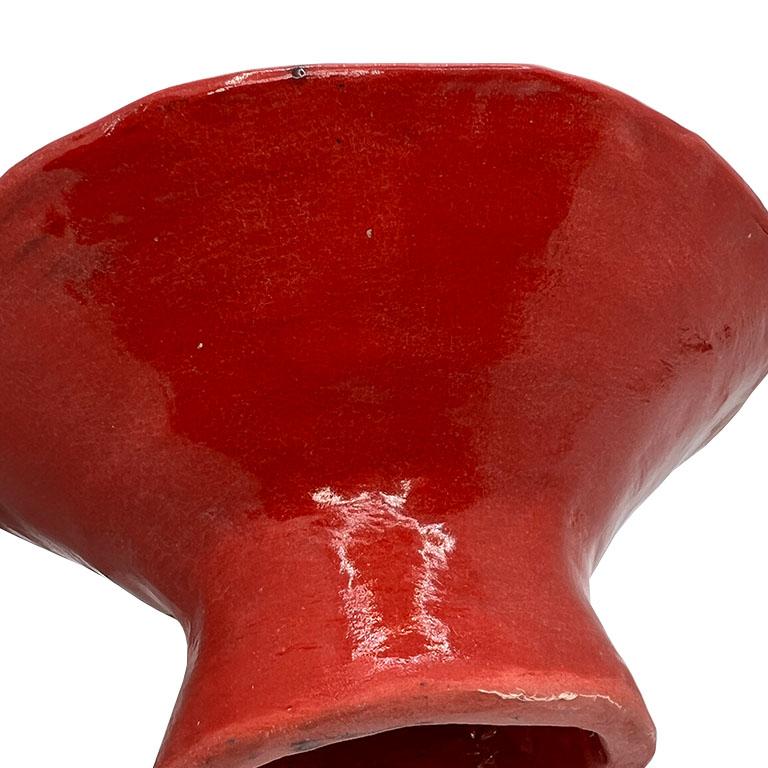 Vintage Bright Red Ceramic Sculptural Studio Pottery Pedestal Bowl In Good Condition For Sale In Oklahoma City, OK