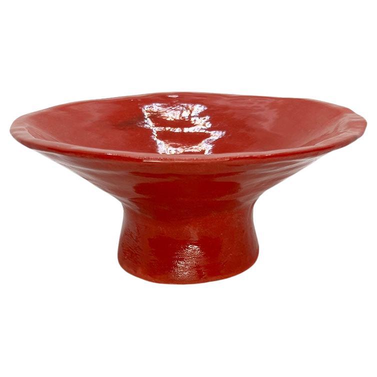 Vintage Bright Red Ceramic Sculptural Studio Pottery Pedestal Bowl