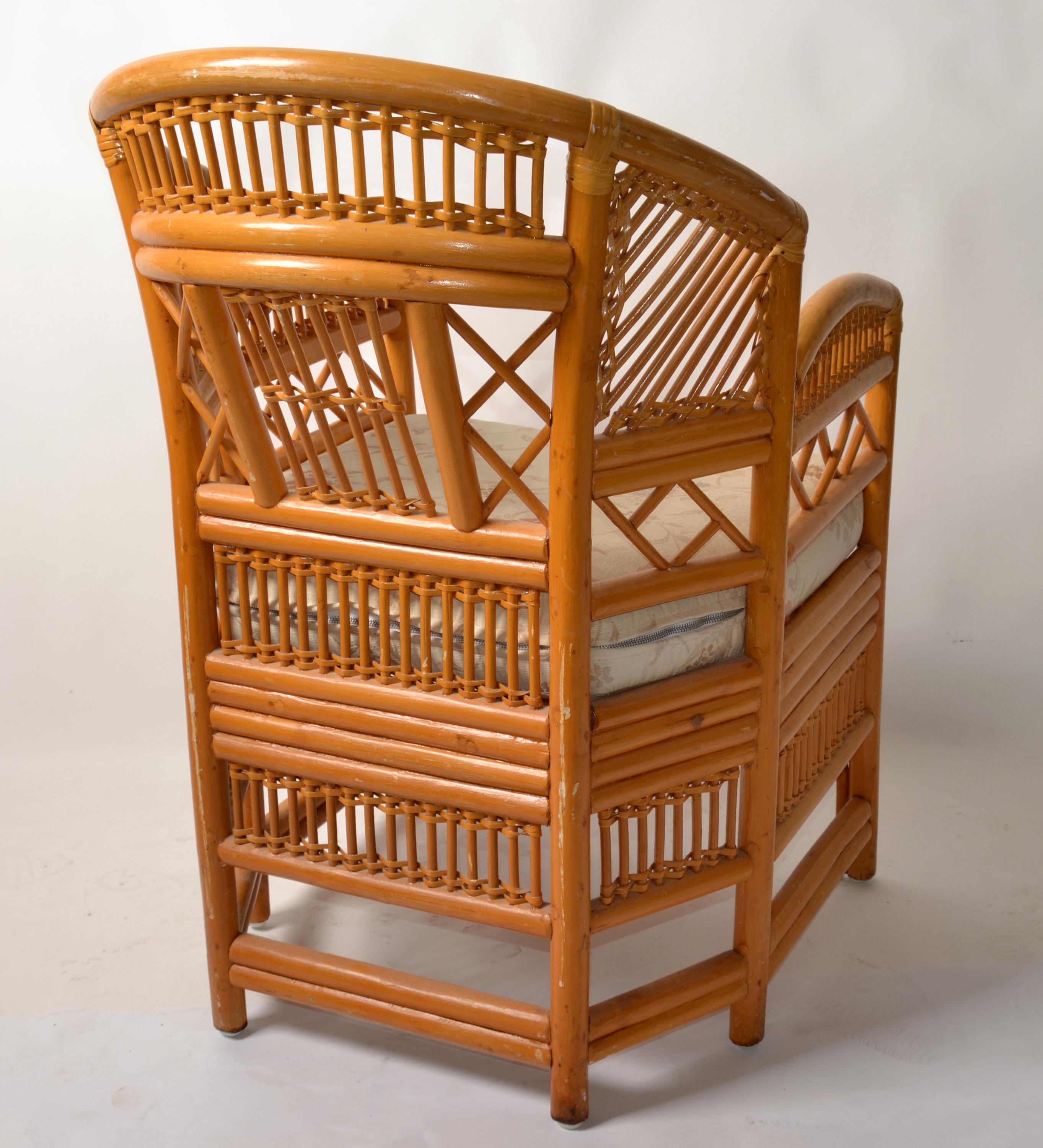 Hand-Crafted Vintage Brighton Chinoiserie Rattan Blonde Bamboo Caning Split Reed Armchair 70s For Sale