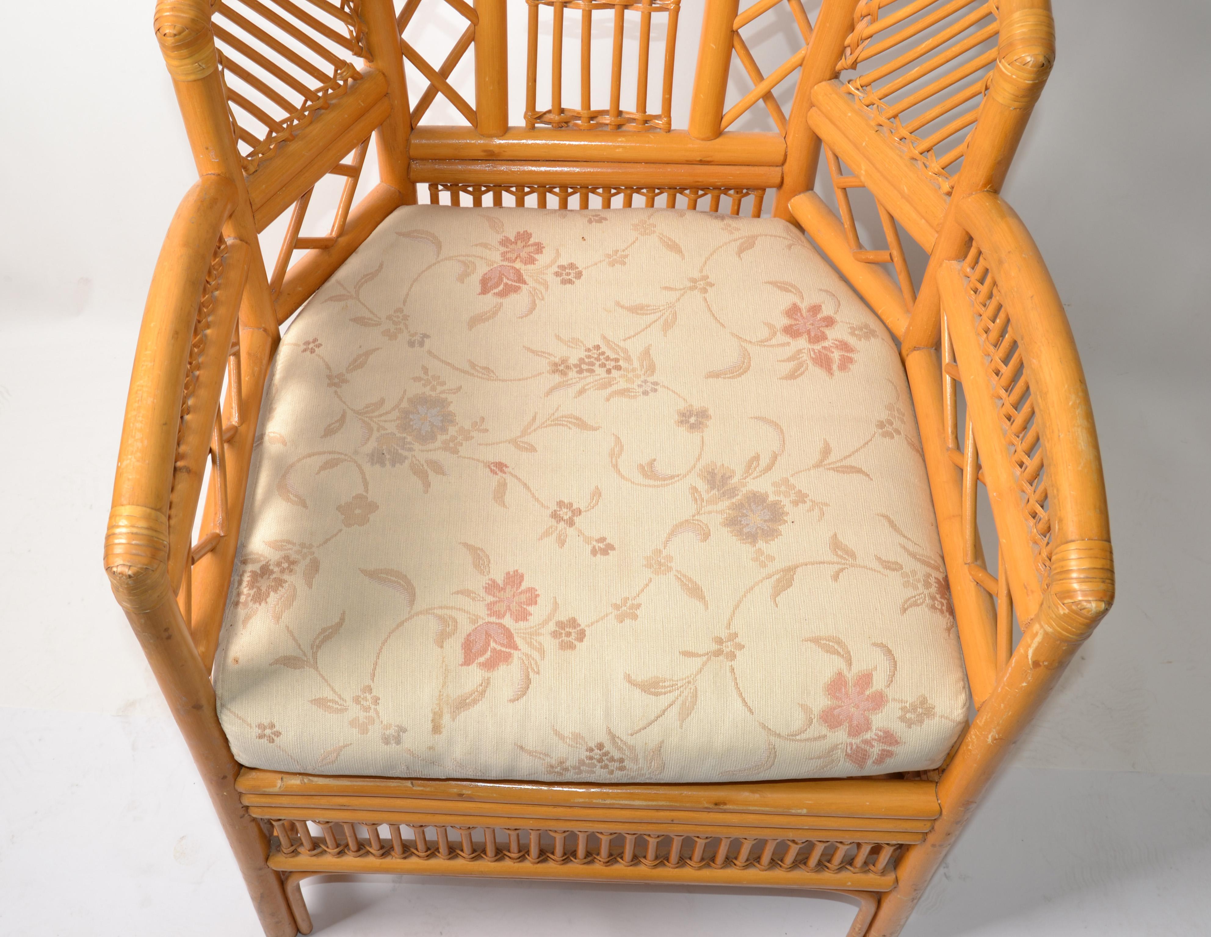 Fabric Vintage Brighton Chinoiserie Rattan Blonde Bamboo Caning Split Reed Armchair 70s For Sale