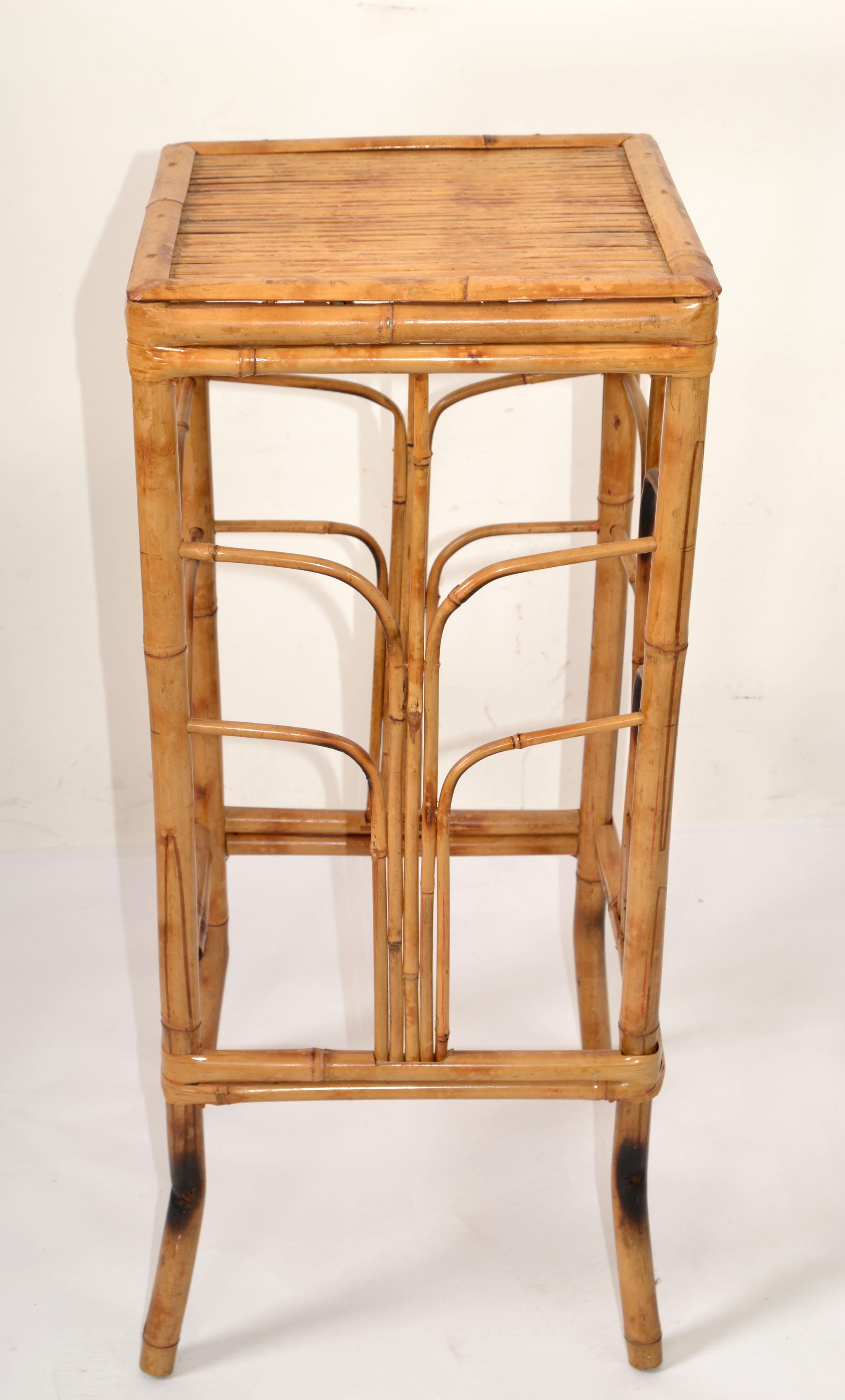 Vintage Chinoiserie handcrafted Plant Stand, Table, Pedestal, Colum with cane detail feature burnt bamboo frames and Chinese inspired bamboo patterns. 
This is a beautiful Bohemian Chic piece for your Pavilion.
Fits to any design in Your Tropical