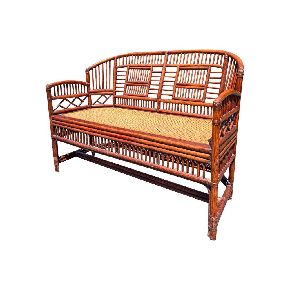 Américain Vintage Brighton Pavilion Bench in Cane Bamboo Rattan Chinoiserie Style en vente