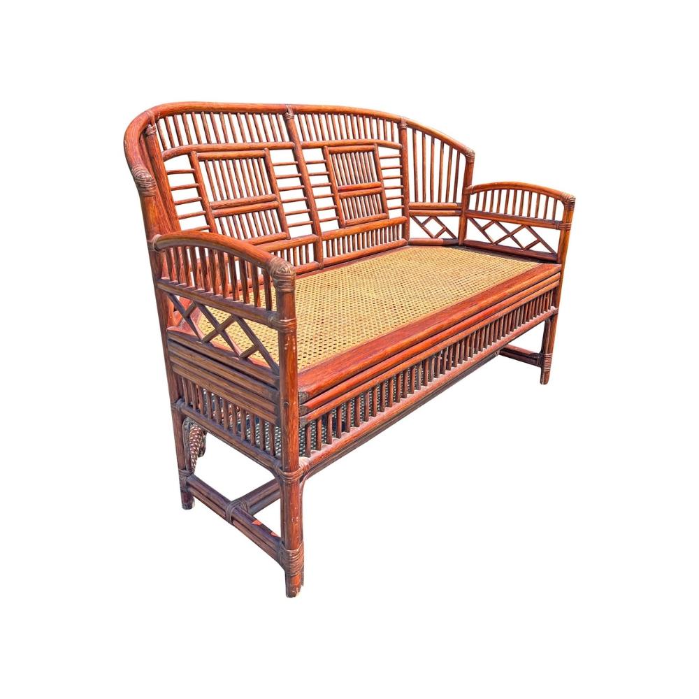 Fin du 20e siècle Vintage Brighton Pavilion Bench in Cane Bamboo Rattan Chinoiserie Style en vente