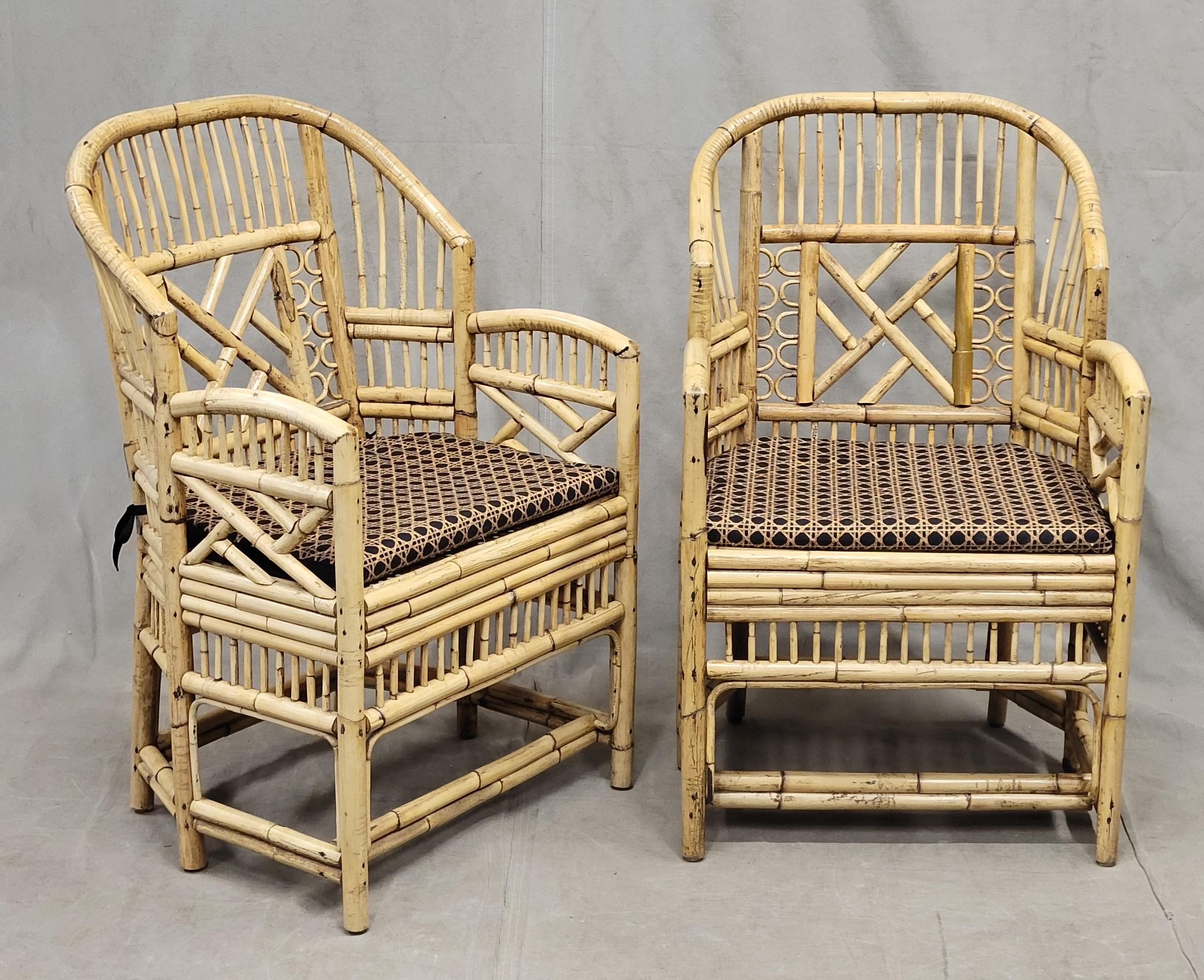 Chinese Chippendale Vintage Brighton Pavilion Faux Bamboo Chairs With Kravet Cushions, Set of 4