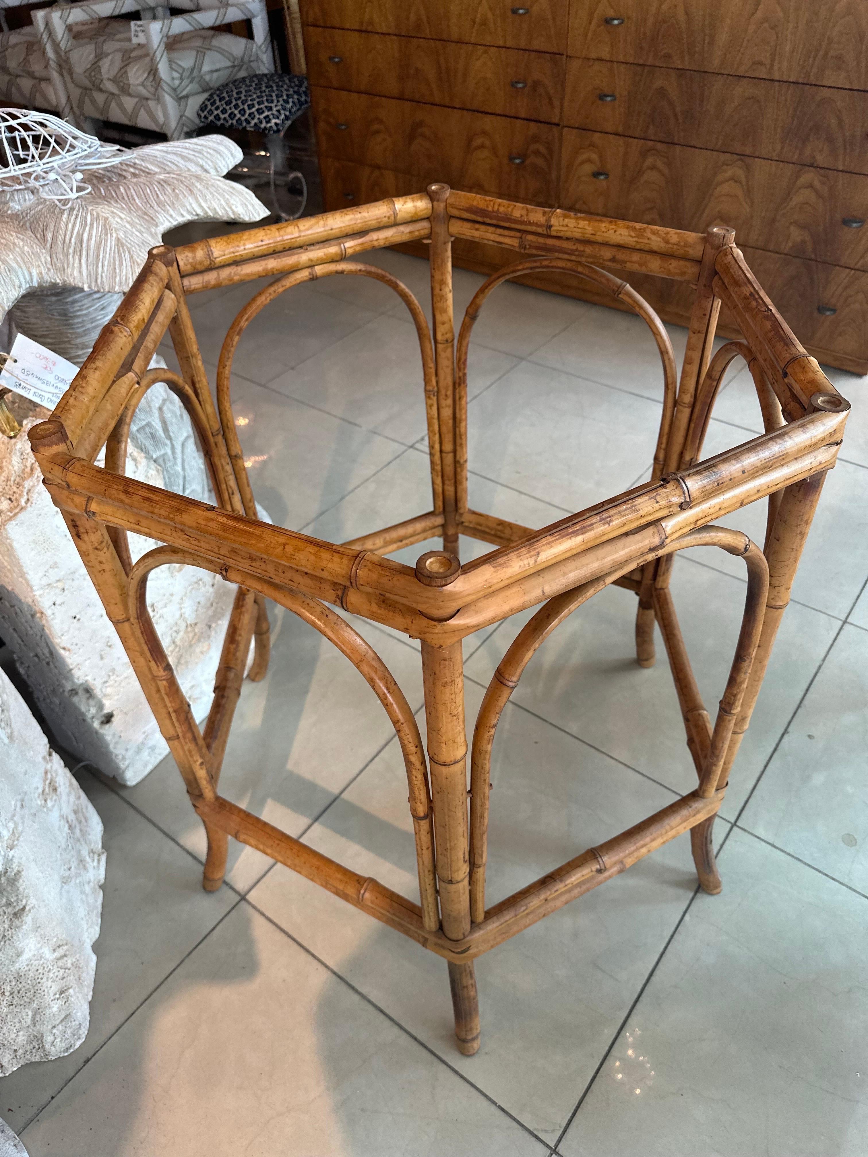 Vintage rattan dining table or game table base. You will need to add your own glass top. No damage or issues. Dimensions: 29.5 H x 33 D. 