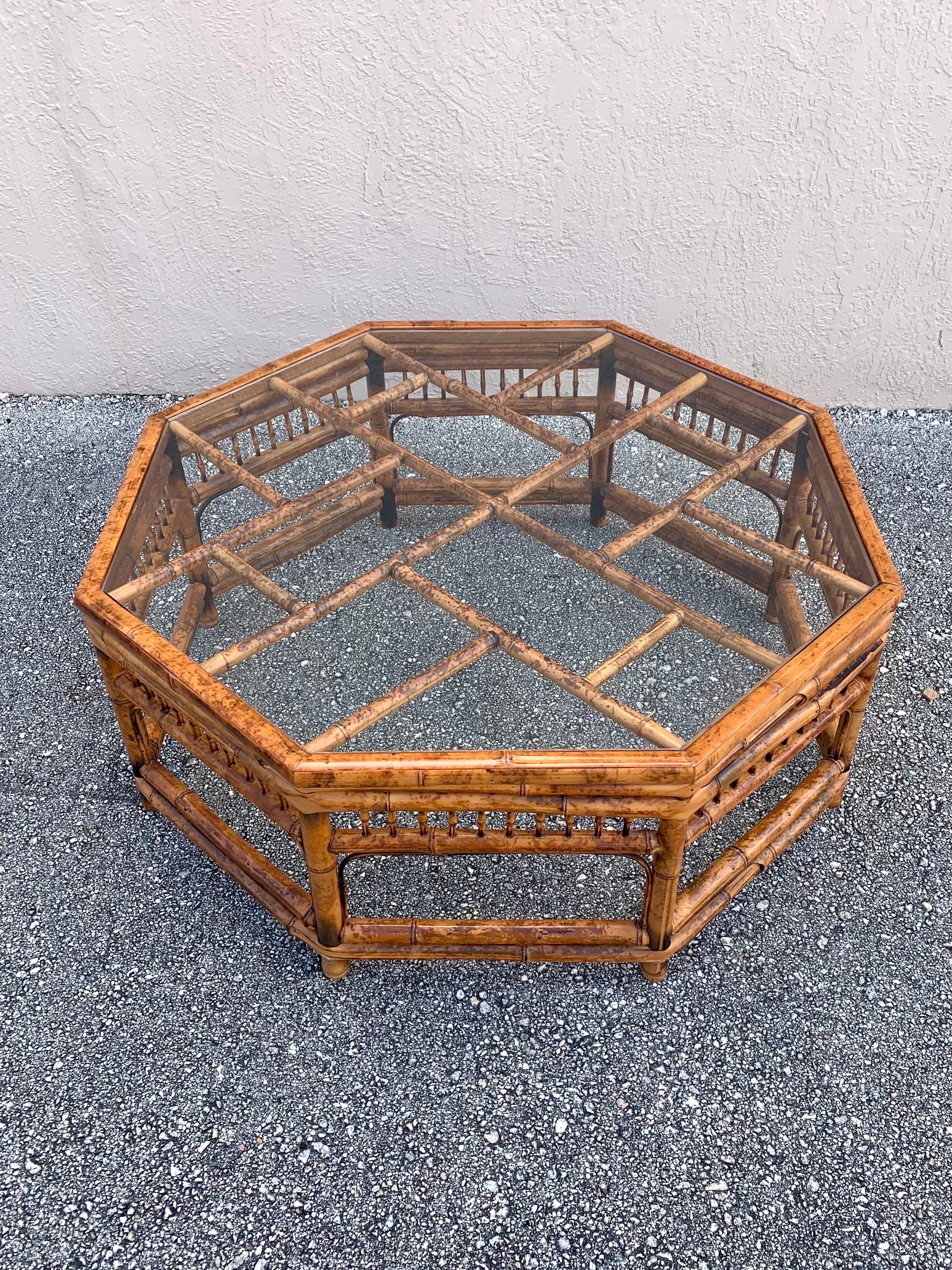 Hollywood Regency Vintage Brighton Style Burnt Bamboo Coffee Table