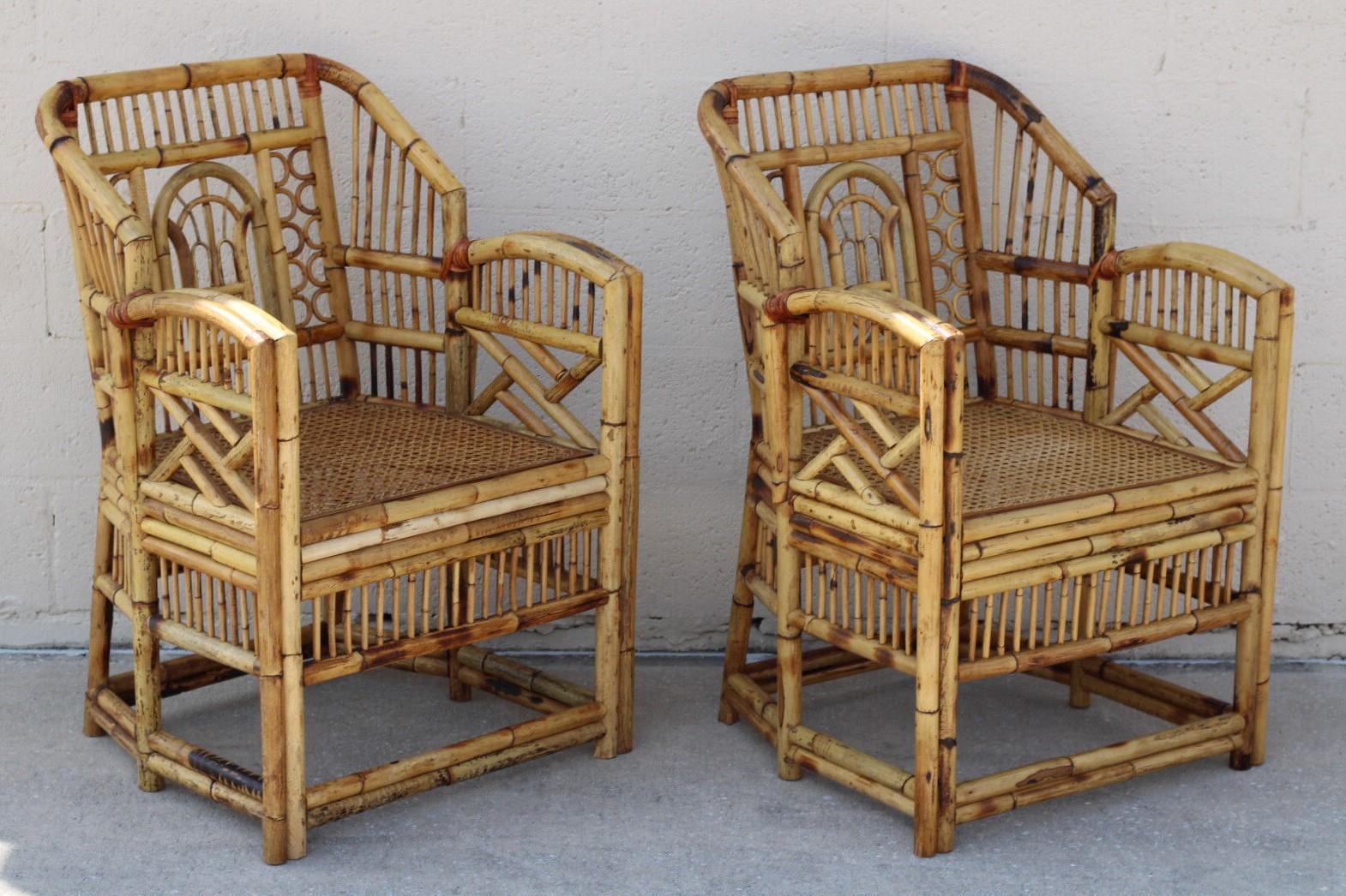 Vintage Brighton Style Chinese Chippendale Bamboo Armchairs, a Set of 4 For Sale 7