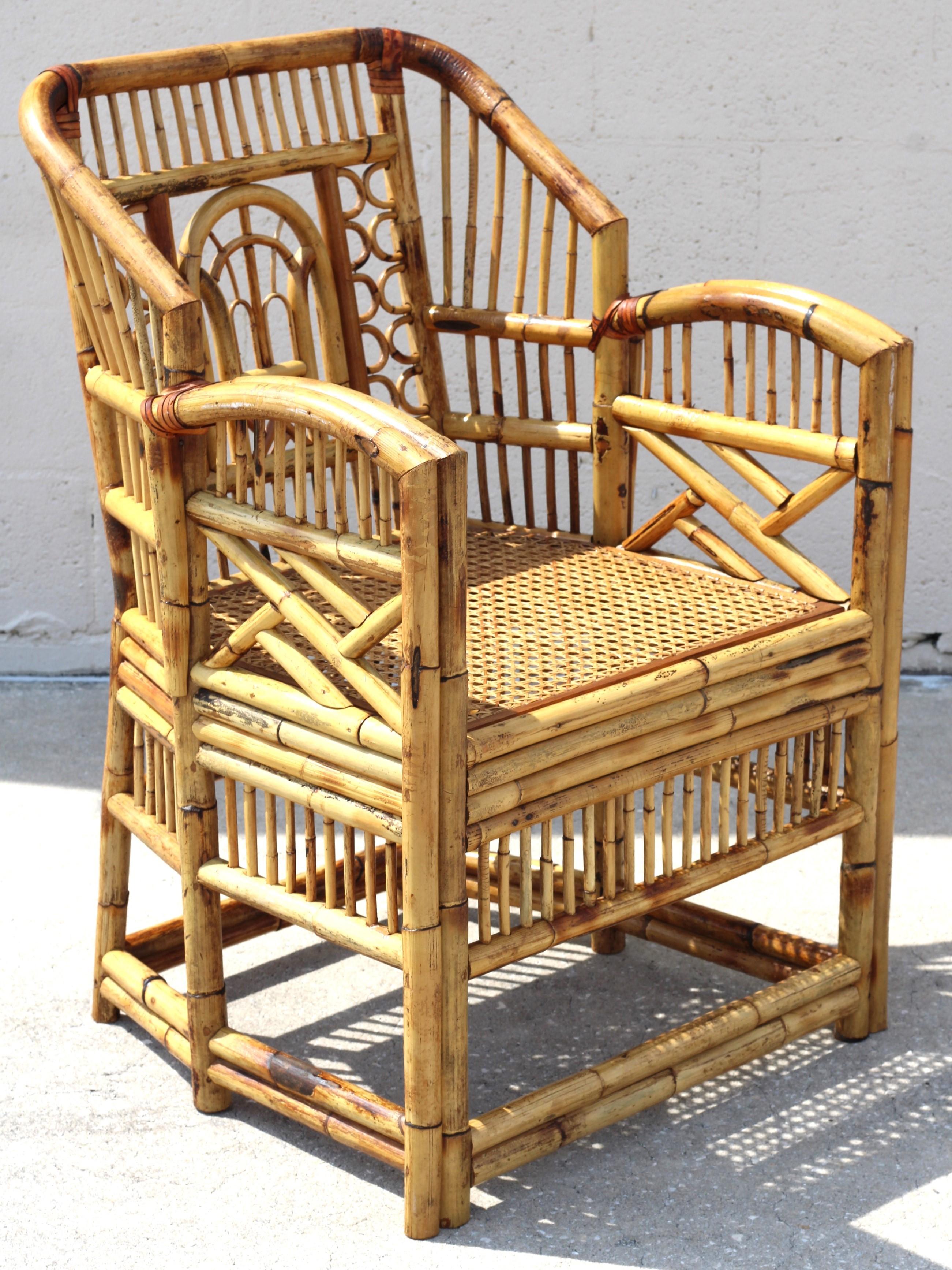Vintage Brighton Style Chinese Chippendale Bamboo Armchairs, a Set of 4 In Good Condition For Sale In Vero Beach, FL
