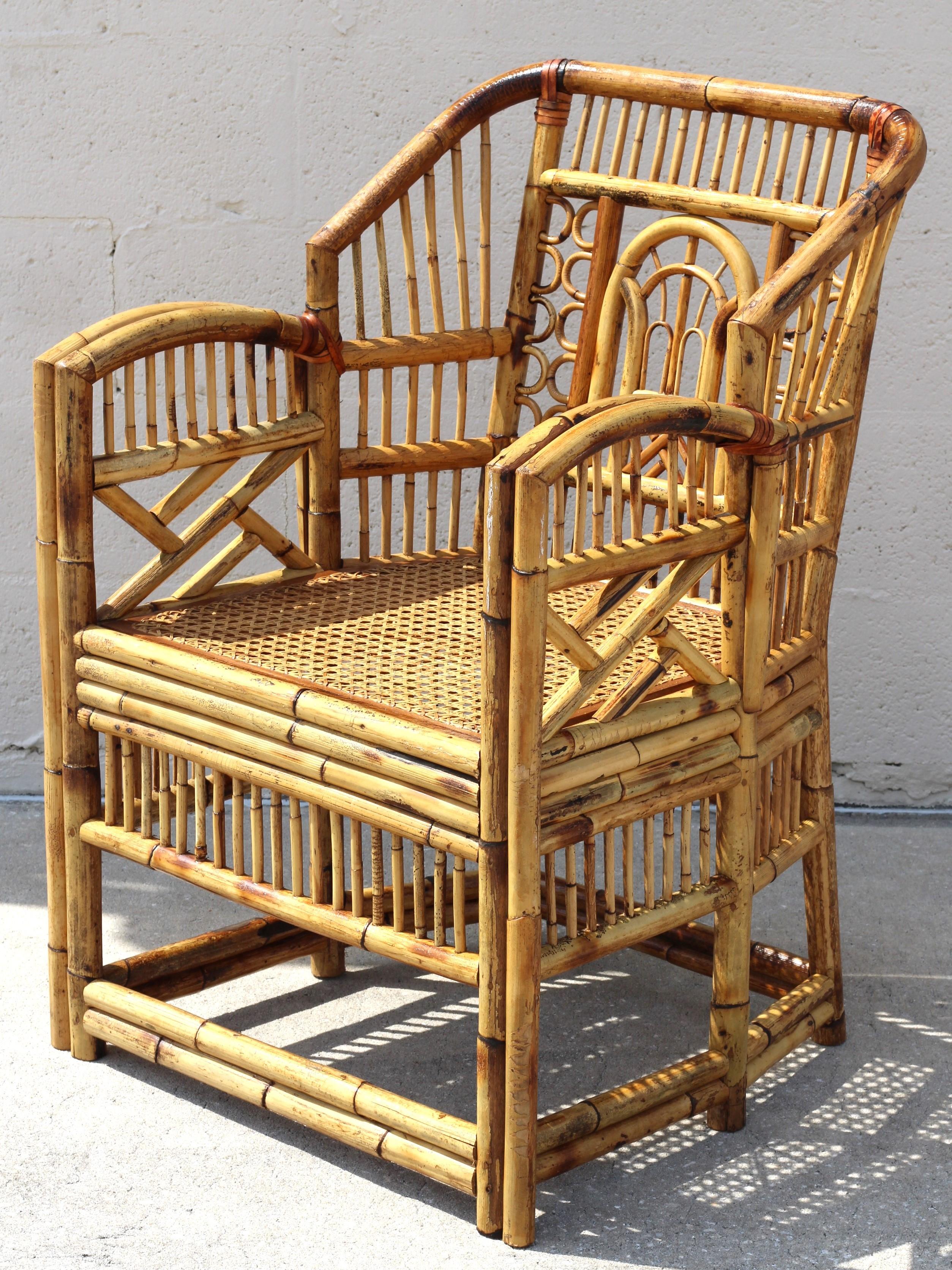 20th Century Vintage Brighton Style Chinese Chippendale Bamboo Armchairs, a Set of 4 For Sale