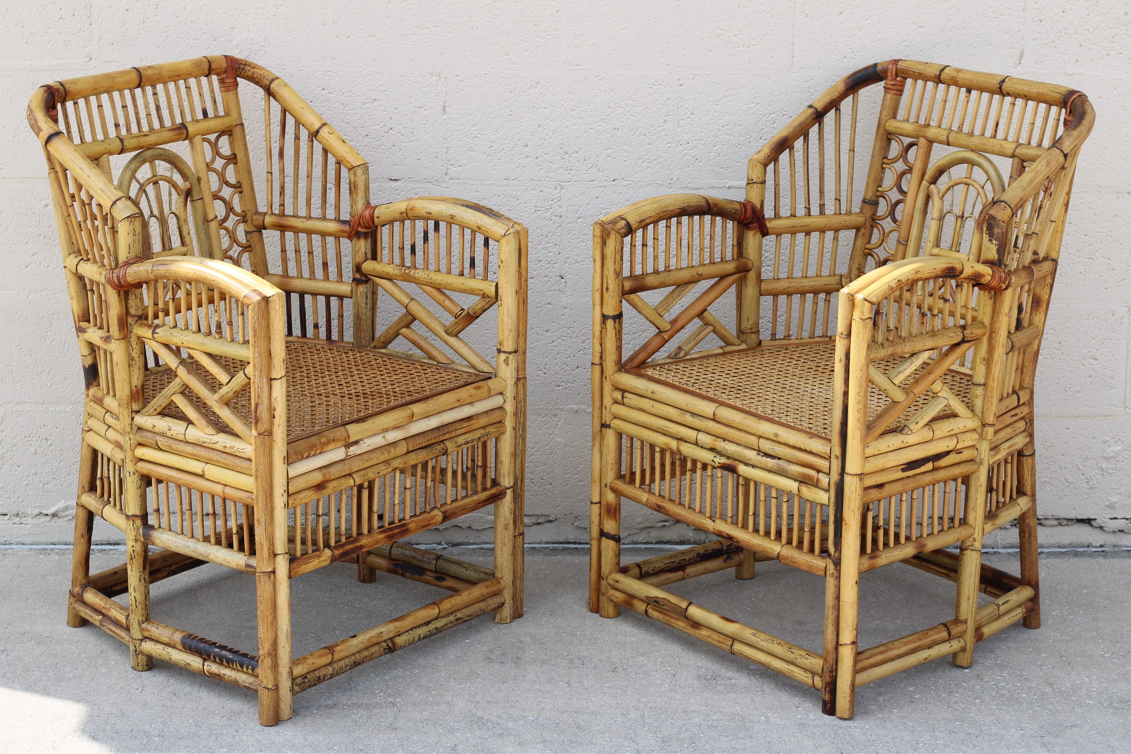 Vintage Brighton Style Chinese Chippendale Bamboo Armchairs, a Set of 4 For Sale 1