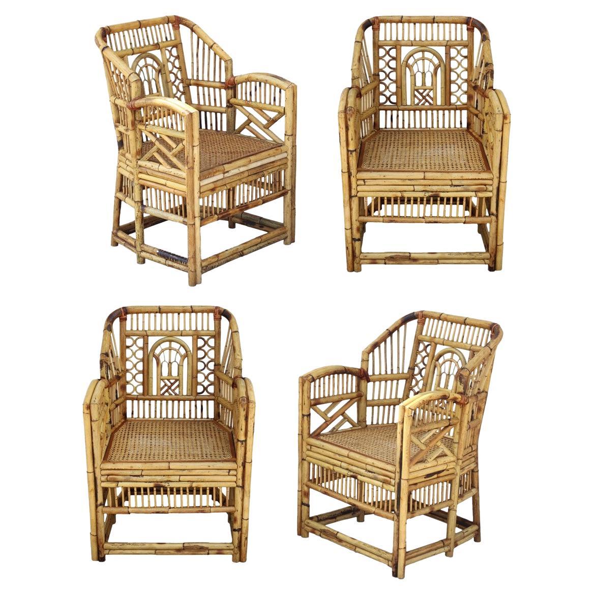 Vintage Brighton Style Chinese Chippendale Bamboo Armchairs, a Set of 4 For Sale