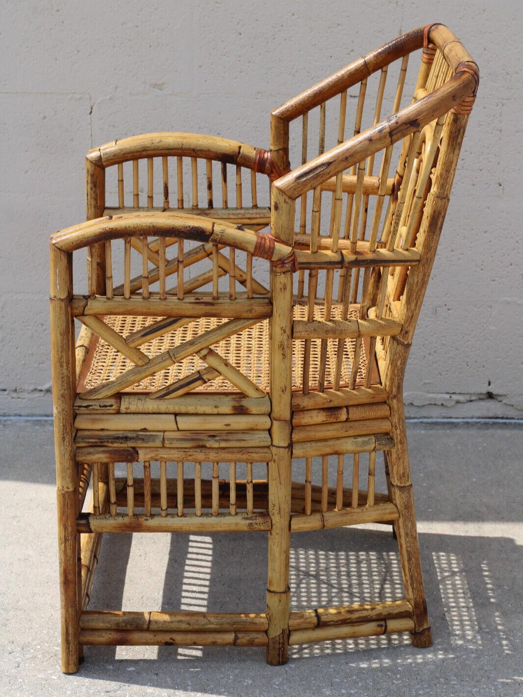 Philippine Vintage Brighton Style Chinese Chippendale Burnt Bamboo Cane Arm Chair