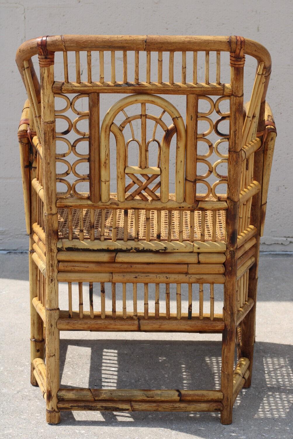 Hand-Crafted Vintage Brighton Style Chinese Chippendale Burnt Bamboo Cane Arm Chair