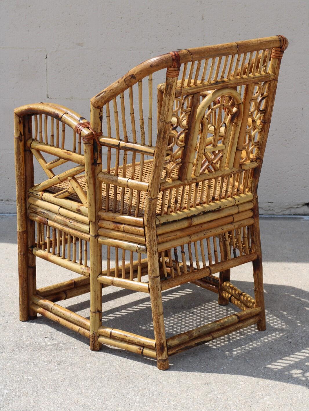 Vintage Brighton Style Chinese Chippendale Burnt Bamboo Cane Arm Chair In Good Condition In Vero Beach, FL