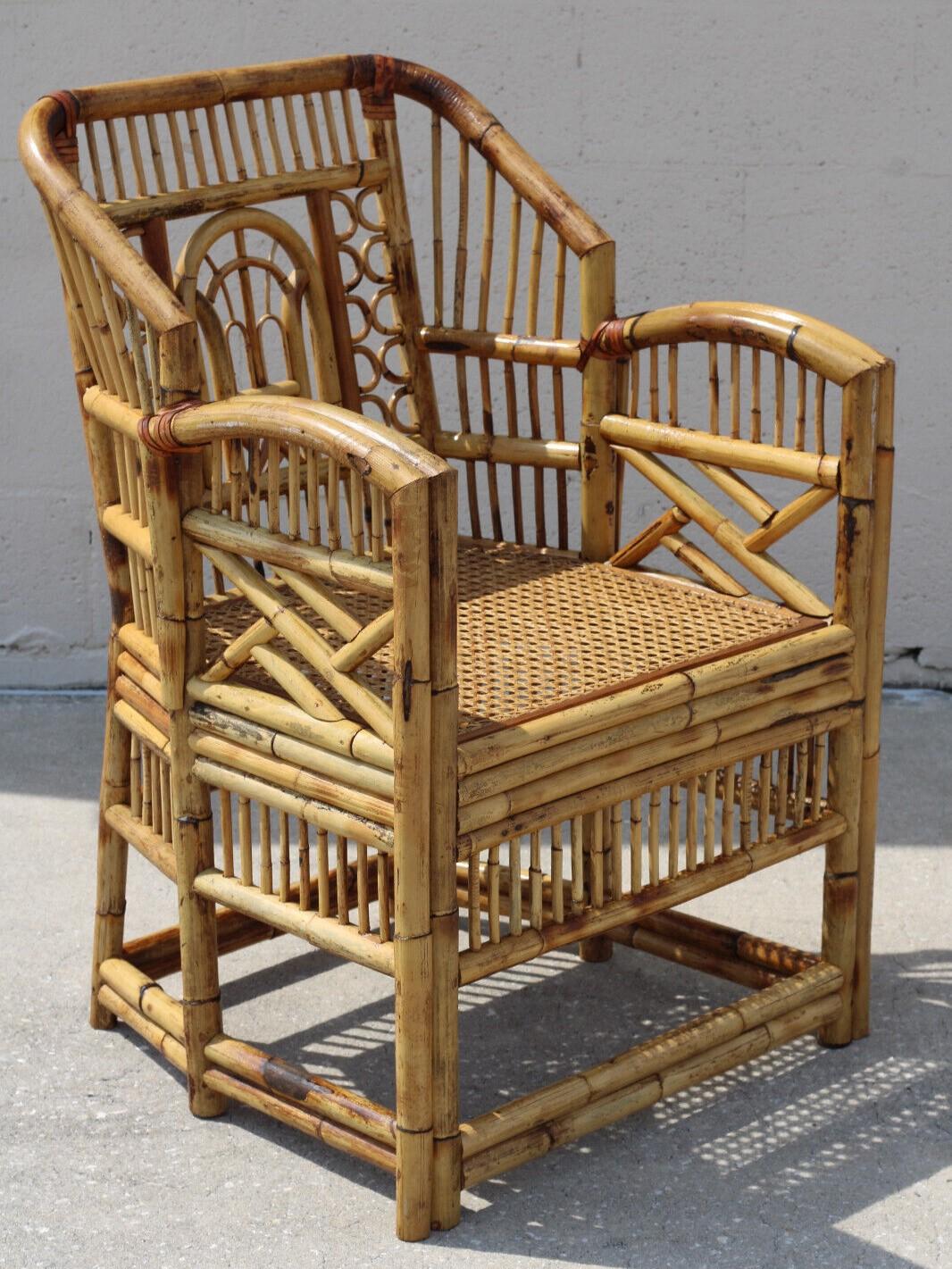 20th Century Vintage Brighton Style Chinese Chippendale Burnt Bamboo Cane Arm Chair