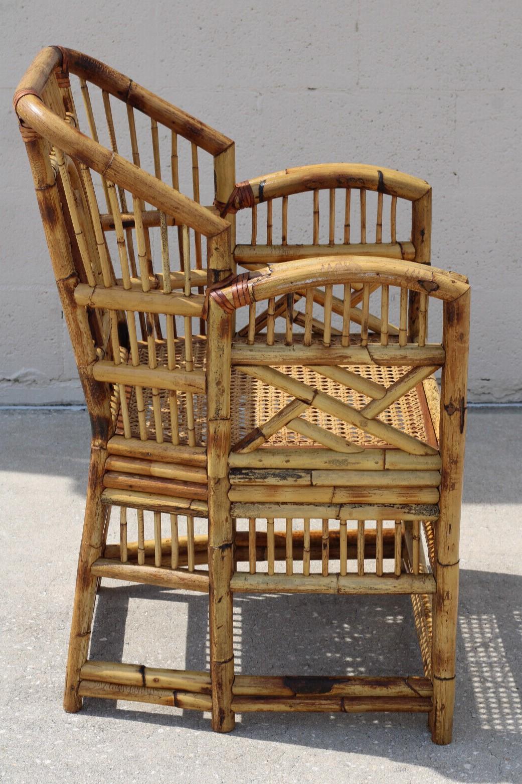 Vintage Brighton Style Chinese Chippendale Burnt Bamboo Cane Arm Chair 1