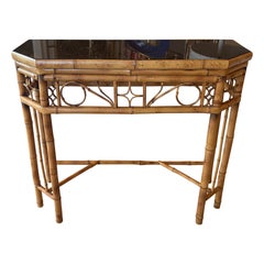 Vintage Brighton Style Rattan Woven Cane Tortoise Demi Lune Console Table