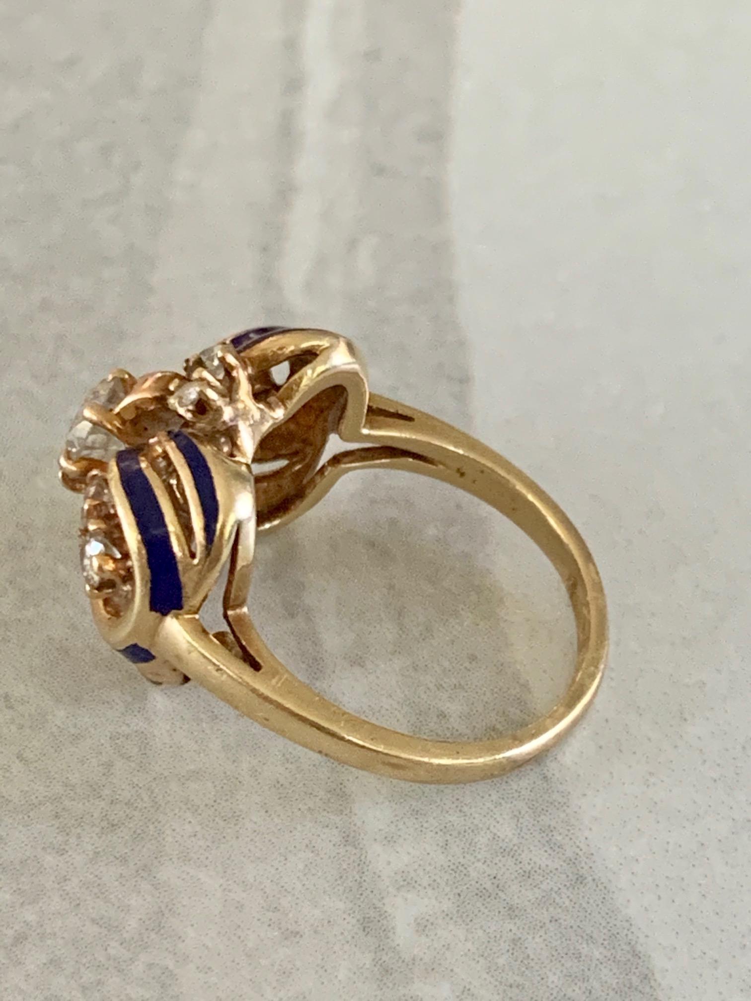 Vintage Brilliant Cut Diamond and Blue Enamel 14 Karat Yellow Gold Ring In Good Condition For Sale In St. Louis Park, MN