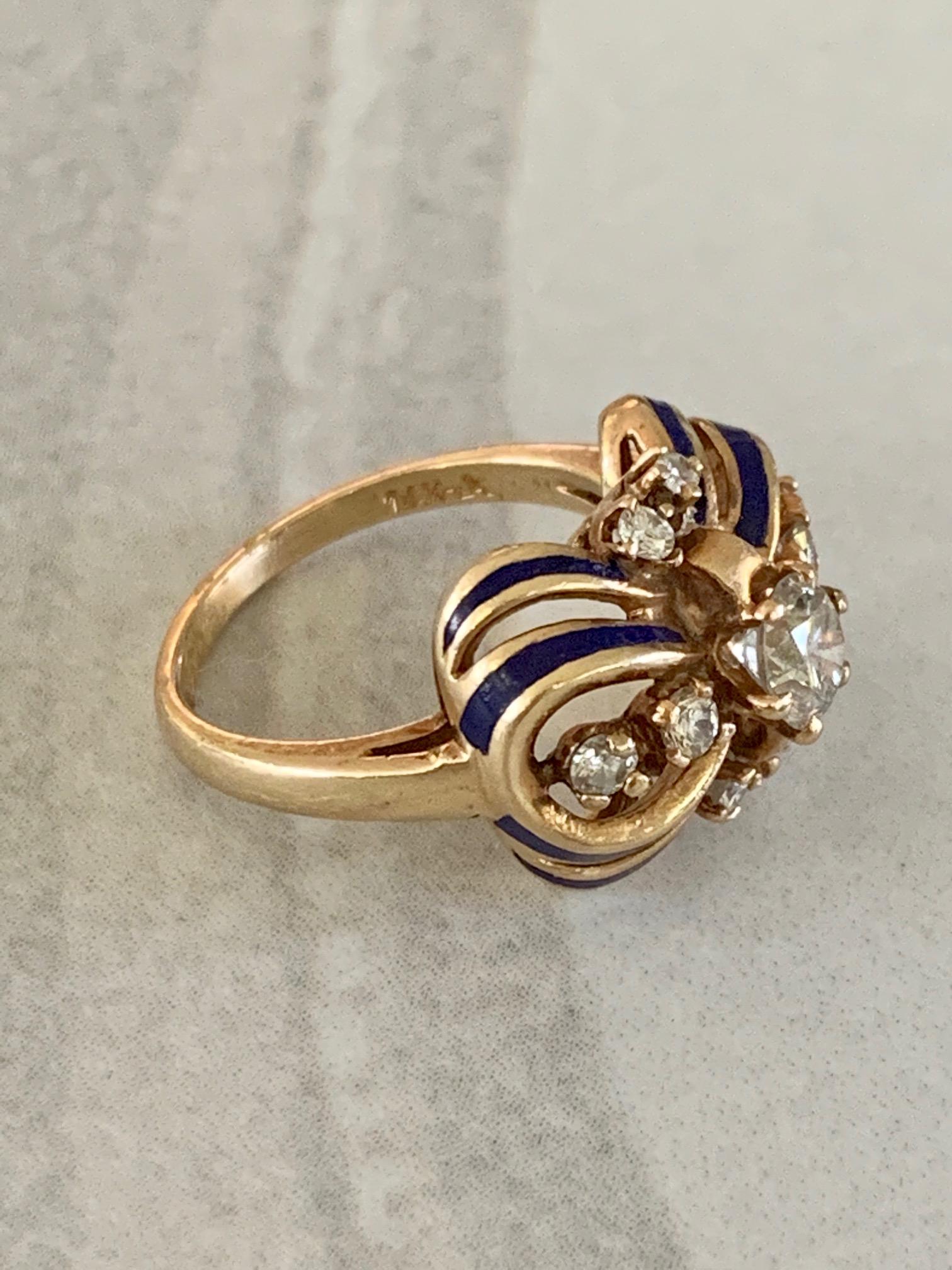 Women's Vintage Brilliant Cut Diamond and Blue Enamel 14 Karat Yellow Gold Ring For Sale