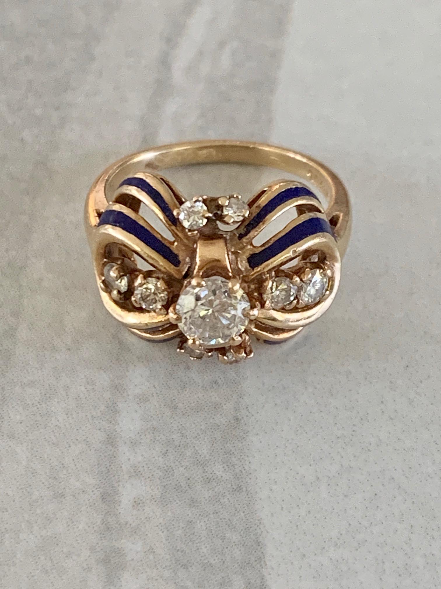 Vintage Brilliant Cut Diamond and Blue Enamel 14 Karat Yellow Gold Ring For Sale 2